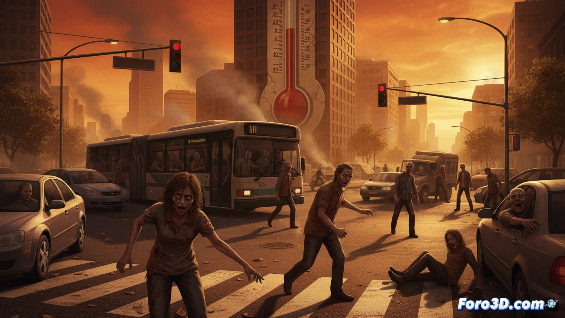 Ilustración caótica: peatón con mirada vidriosa tropieza en paso de cebra, conductor babea al volante con semáforo rojo, termómetro marca 40°C, ciudad borrosa por calor extremo.