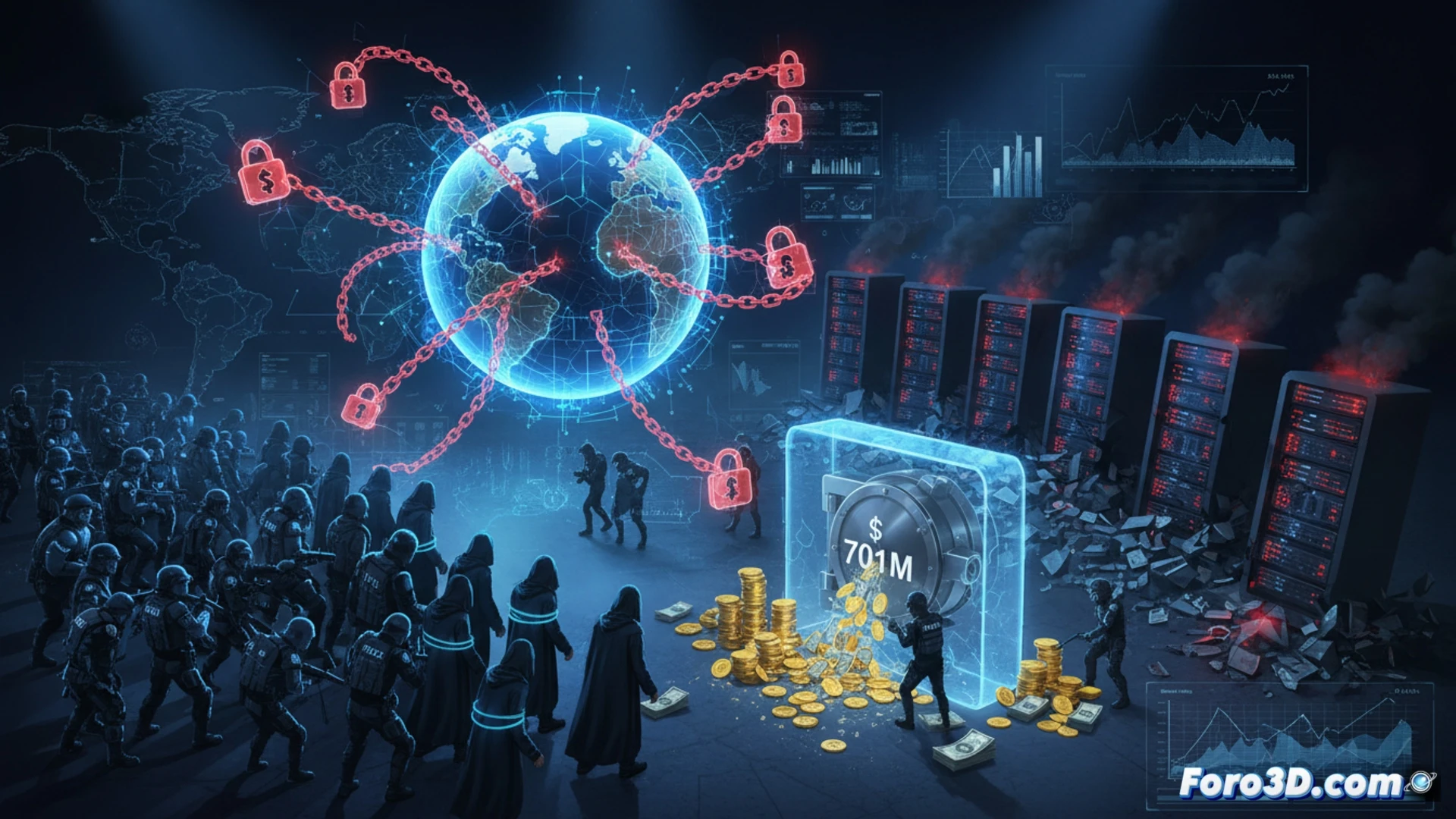 Operación policial global: agentes esposan a estafadores cripto frente a pantallas con gráficos de Bitcoin y fajos de dólares incautados.