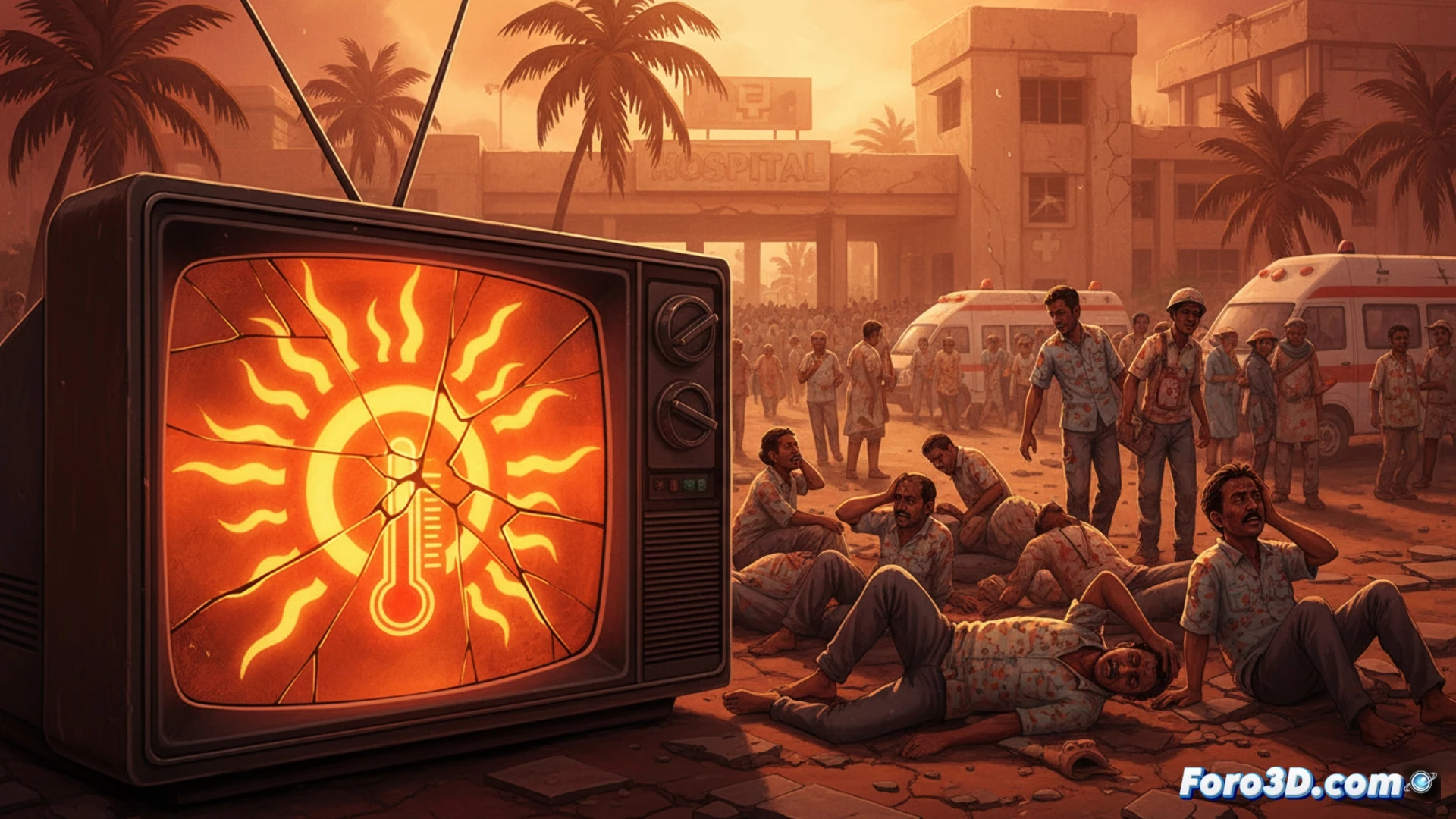 hospital emergency room during heatwave, elderly patient on stretcher with vital signs monitor beeping red, doctor checking thermometer reading forty degrees, nurse holding empty water bottle, TV screen in background showing weather map with red alert zones and collapsing hospital icon, people ignoring hydration reminders, medical staff overwhelmed, cinematic photorealistic technical illustration, warm amber lighting contrasting with cold blue clinical lights, sweat on skin, blurred motion of rushing paramedics, hyperdetailed medical equipment and facial expressions, dramatic tension