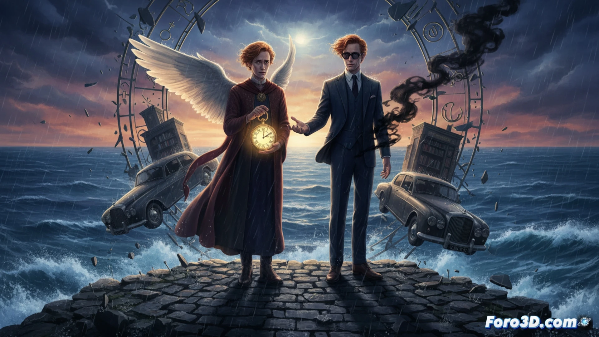 Una silueta de Aziraphale y Crowley, de espaldas, bajo un cielo tormentoso con un reloj de arena roto.