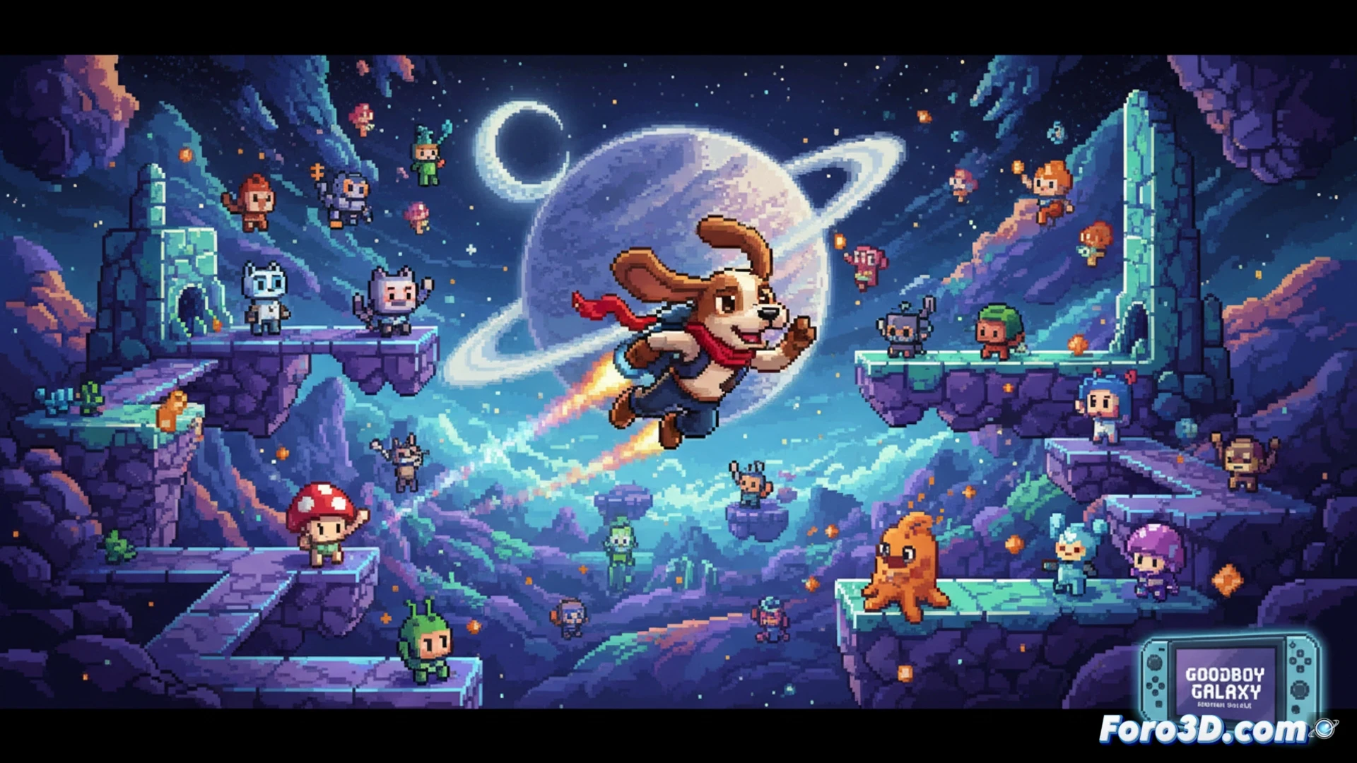Pixel-art platformer scene showing a pixelated dog character leaping between floating mechanical platforms in a vibrant alien world, glowing energy beams and destructible blocks mid-action, multiple branching pathways visible in background, retro 16-bit style with CRT scanline effect, vivid neon colors on dark metallic surfaces, cinematic pixel-art aesthetic, dynamic motion blur on character sprite, detailed environment tiles with hidden secrets, soft bloom lighting on interactive objects, technical game development visualization, nostalgic 90s platformer atmosphere