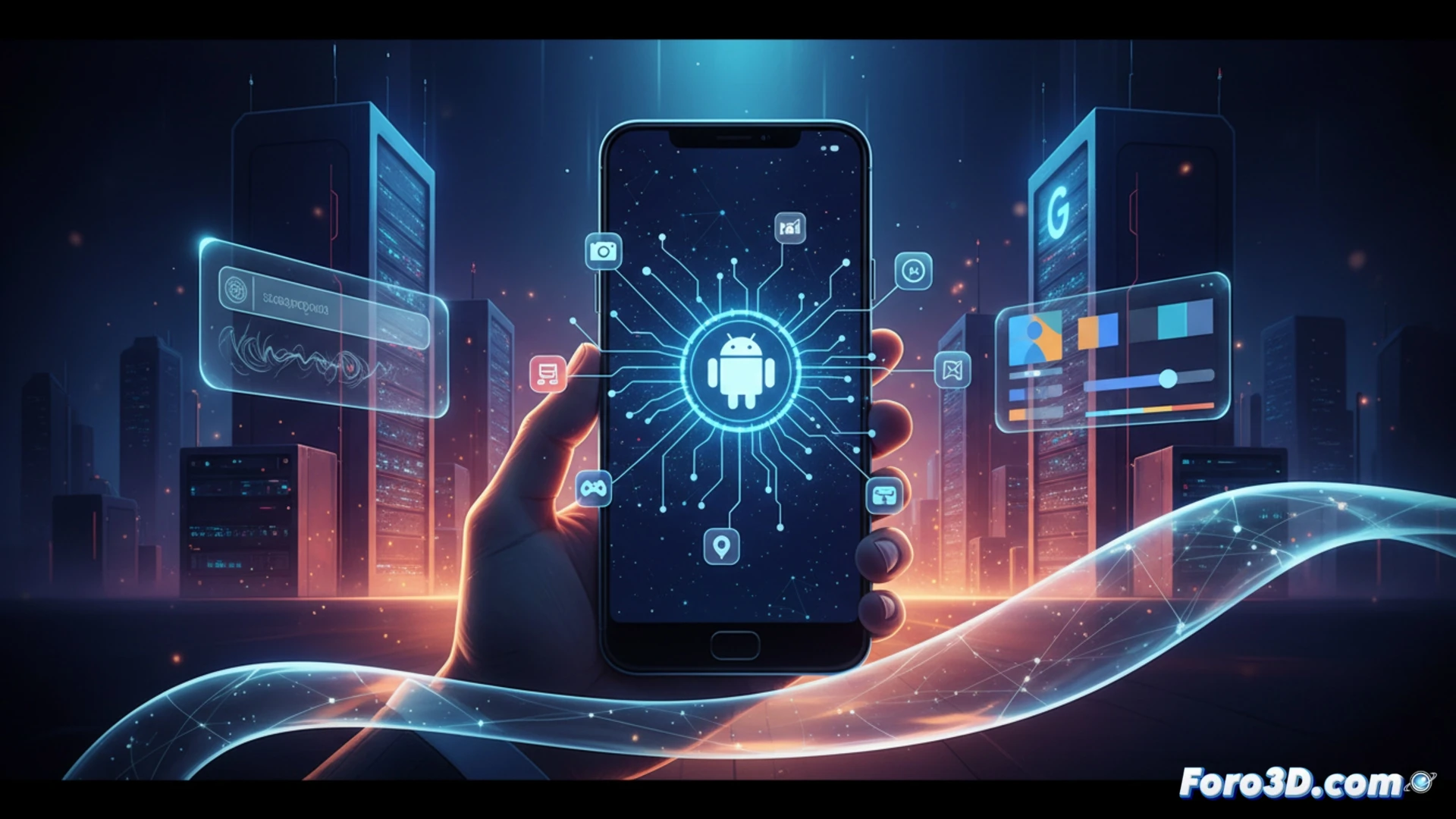 smartphone held in hand displaying Google AI Studio app interface, user typing a text command into the app while a floating holographic Android app icon materializes above the screen, code snippets dissolving into the phone, phone connected wirelessly to a laptop showing a completed app running on an Android emulator, minimal desk setup with coffee cup and stylus, soft blue and white gradient lighting, cinematic product photography style, ultra-sharp focus on screen and holographic elements, clean futuristic workspace, photorealistic technical illustration