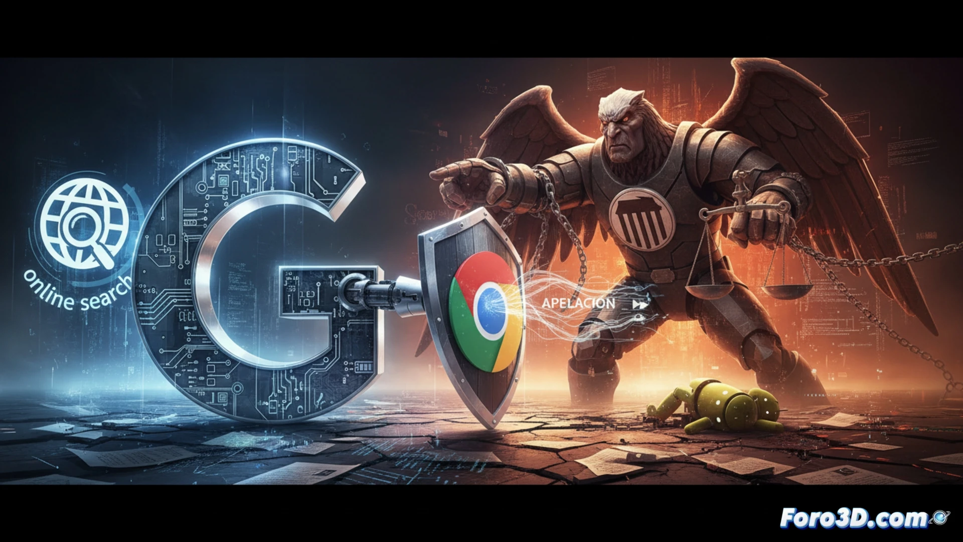 courtroom scene with a giant Chrome browser icon being pulled apart by two robotic arms labeled DOJ and Google, shattered Android robot pieces on a wooden table, legal documents with technical diagrams floating in mid-air, search engine algorithm flowcharts glowing red and blue, gavel striking a keyboard mid-impact, cinematic engineering visualization, dramatic chiaroscuro lighting, photorealistic courtroom interior, metallic reflections on legal briefs, tension between corporate and judicial power, ultra-detailed hardware components