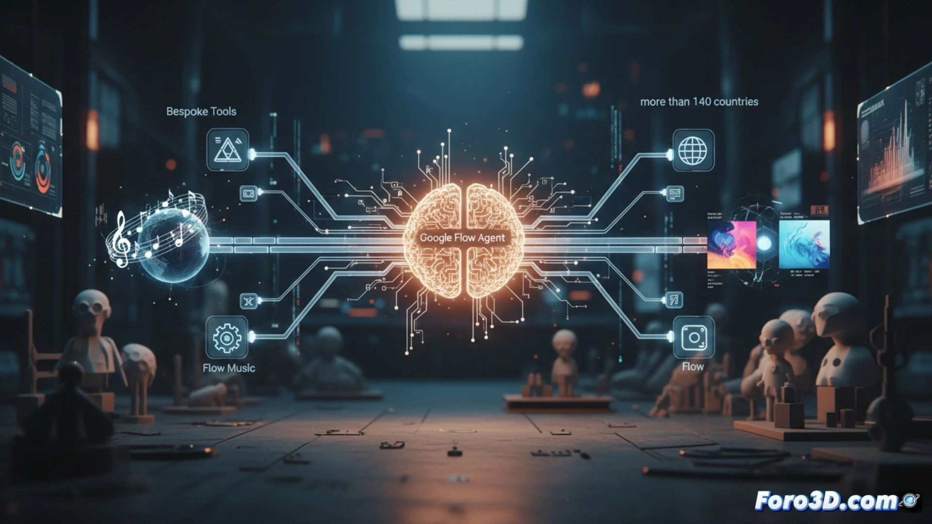 A creative director gesturing at a holographic interface showing a film scene with multiple branching narrative paths, a bespoke glitch effect tool being tested in real-time on a video timeline, while Flow Music processes a waveform and generates a full cover album cover, all within a futuristic digital workspace, glowing orange and blue UI elements, monitors displaying file batch processing progress bars, cinematic photorealistic visualization, sleek minimalist studio environment, dramatic rim lighting, ultra-detailed hardware and software interfaces