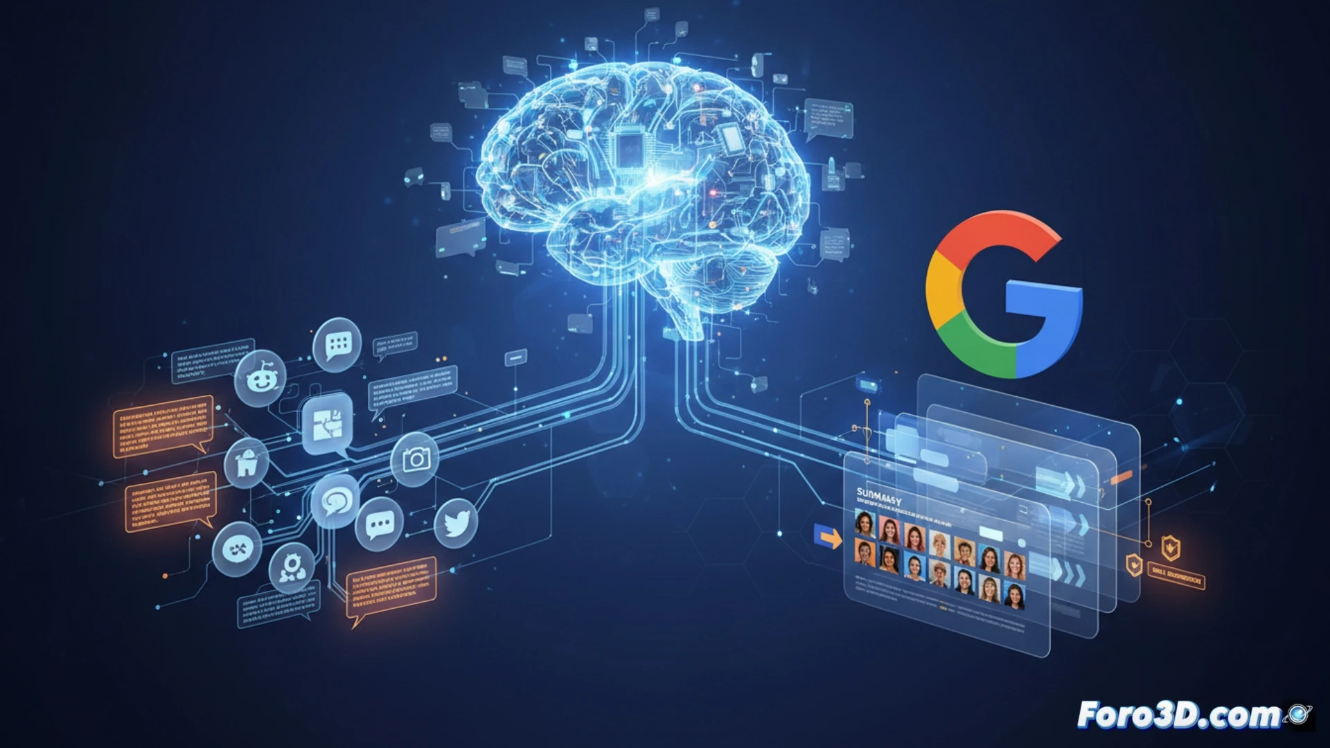Un panel de búsqueda de Google muestra un resumen con citas destacadas de foros y redes sociales, ilustrando opiniones humanas junto a resultados clásicos.