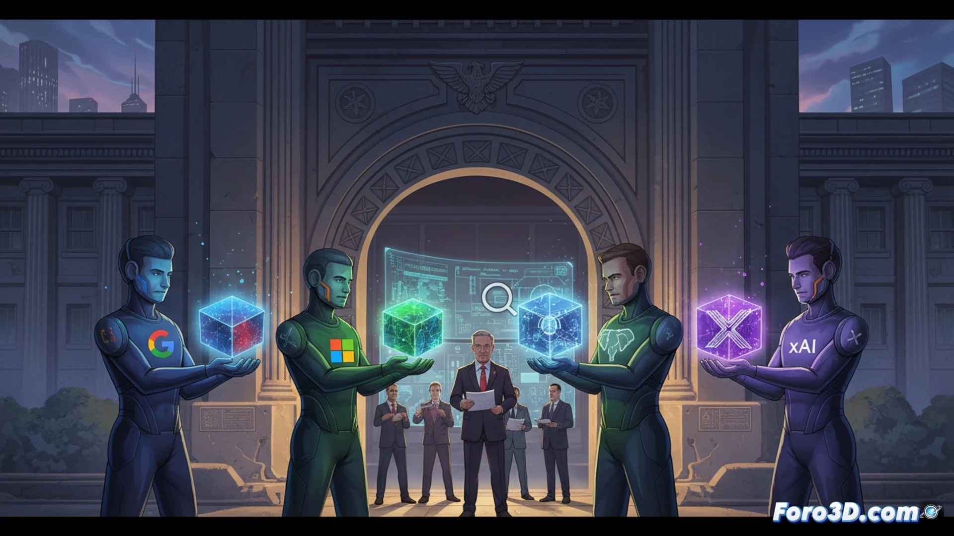 Una sala de juntas futurista con logos de Google, Microsoft y xAI flotando sobre documentos oficiales del Departamento de Comercio de EE.UU., mientras un sello del CAISI supervisa modelos de IA representados como esferas de luz.