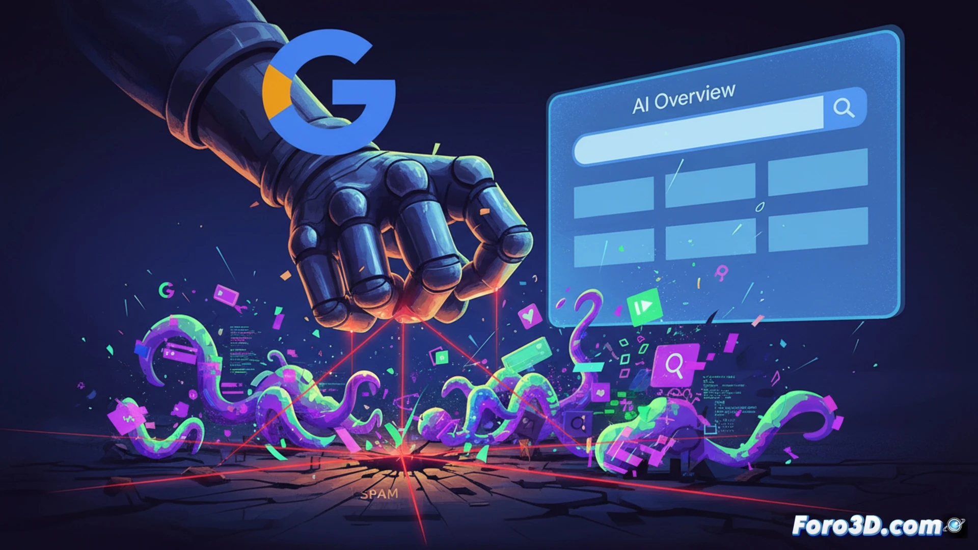 Cinematic wide shot of a glowing AI brain icon inside a magnifying glass hovering over a Google search bar, while a robotic hand tries to inject fake text into the search results, the hand is caught by a digital chain labeled spam, binary code and algorithm nodes visible in the background, blue and red warning lights, photorealistic engineering visualization, high contrast lighting, metallic textures, glowing circuit board details, action of manipulation being blocked mid-process, ultra-detailed technical render