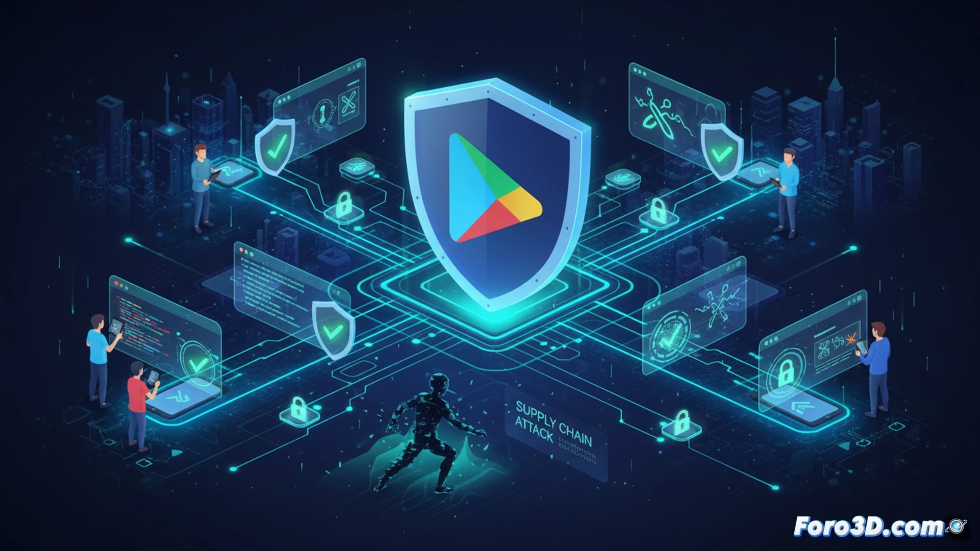 Un androide robot sostiene un escudo digital con candado sobre Google Play, mientras un código criptográfico fluye entre el móvil y la nube.