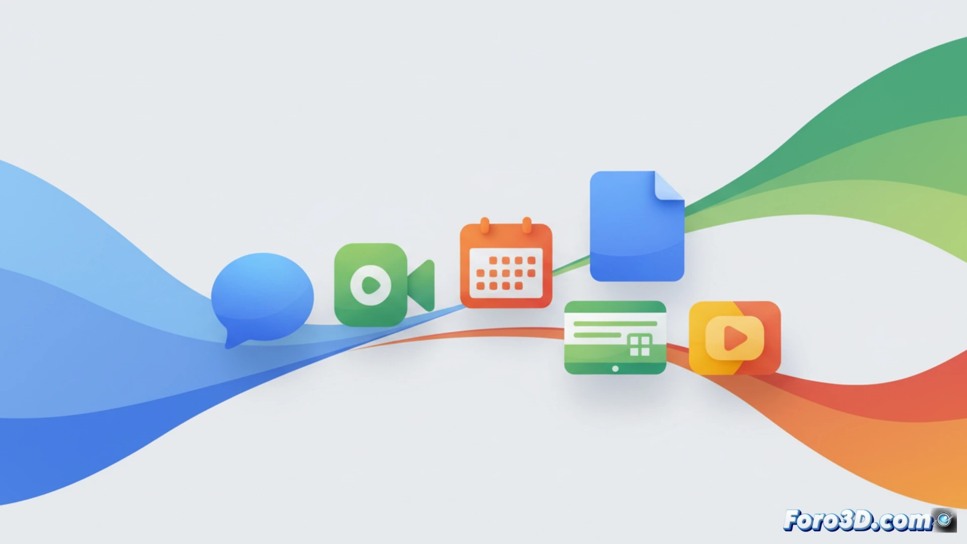 digital workspace icon transformation scene, six app icons floating in mid-air transitioning from flat to gradient design, Google Chat icon morphing from multicolor to single-tone blue, Sheets and Slides rotating into horizontal orientation, smooth color gradients flowing from light to dark tones, rounded corners forming on each icon, soft ambient light reflecting off glossy surfaces, technical UI design visualization, minimalist white background with subtle shadow depth, cinematic product photography style, ultra-detailed icon textures with translucent overlay effects, photorealistic render