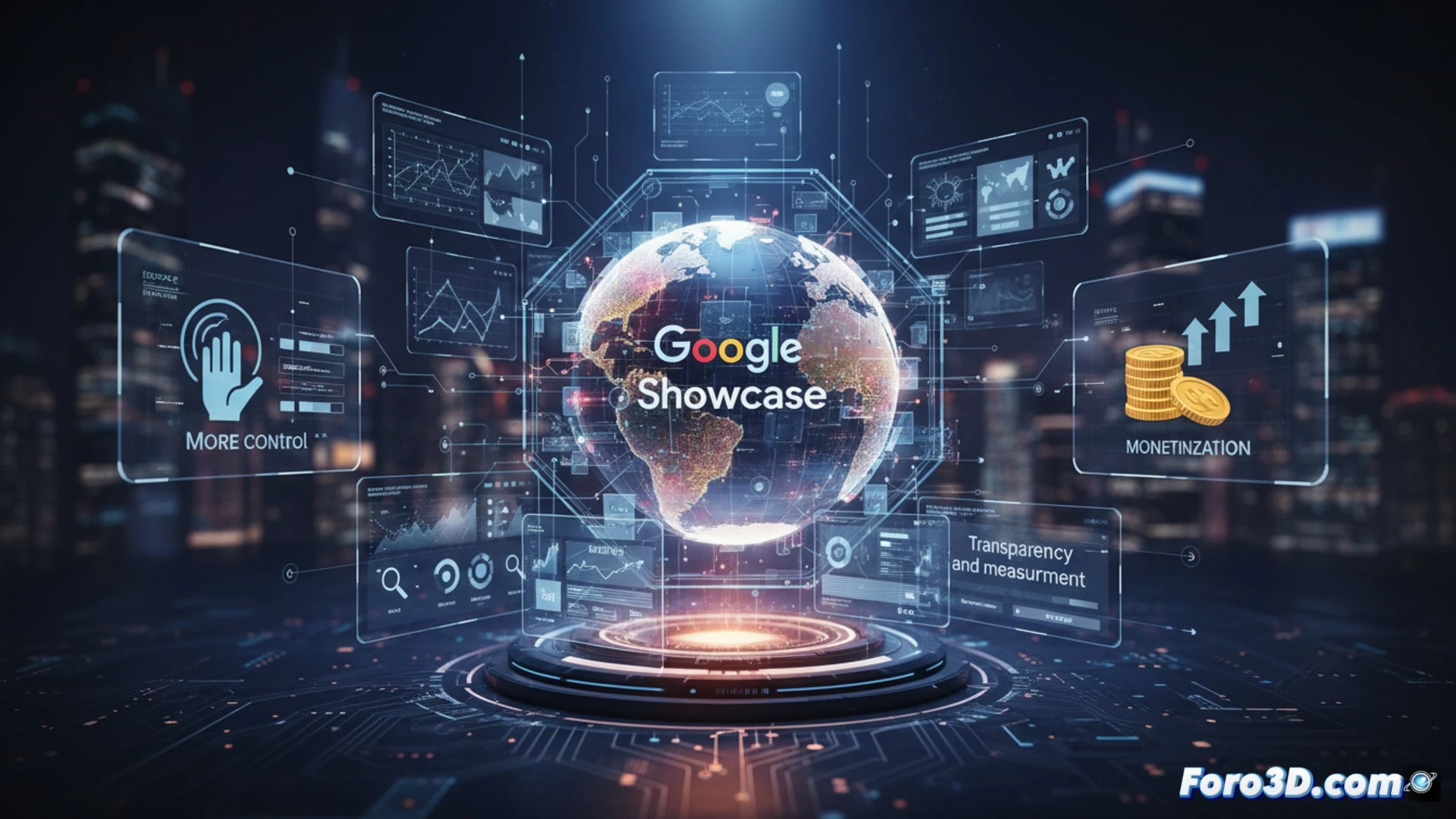 Un panel de control digital con gráficos de rendimiento, un editor ajusta opciones de visibilidad junto al logo de Google Showcase.