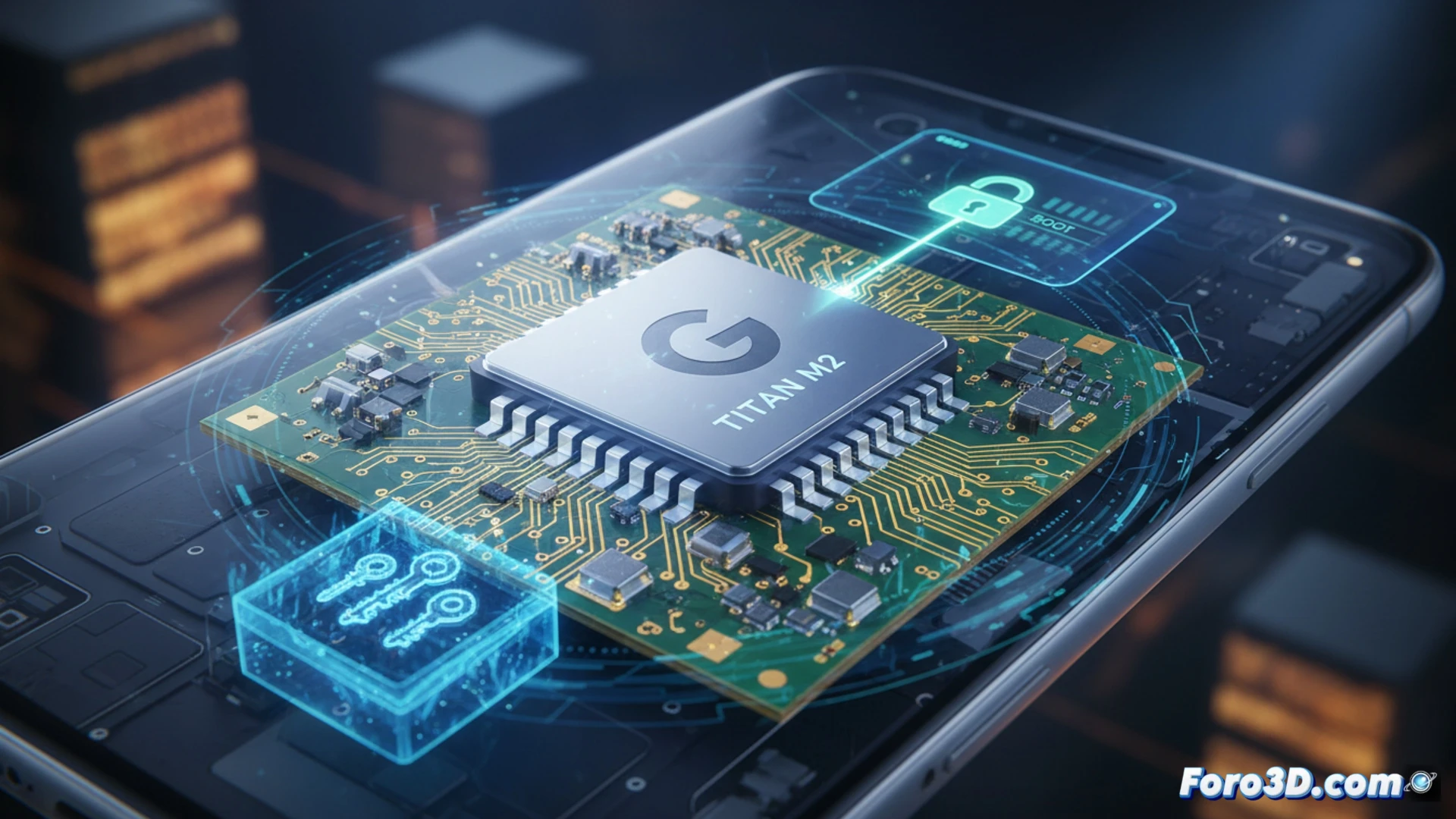 Microchip Titan M2 being inserted into a Pixel motherboard, RISC-V coprocessor glowing with secure isolation barrier, cryptographic key exchange visualized as pulsing data streams between isolated secure enclave and main processor, boot verification process showing encrypted chain of trust from power-on, microscopic attack surface with physical tamper detection sensors, cinematic engineering visualization, blue and gold circuit traces, macro lens perspective, photorealistic technical illustration, dramatic low-key lighting