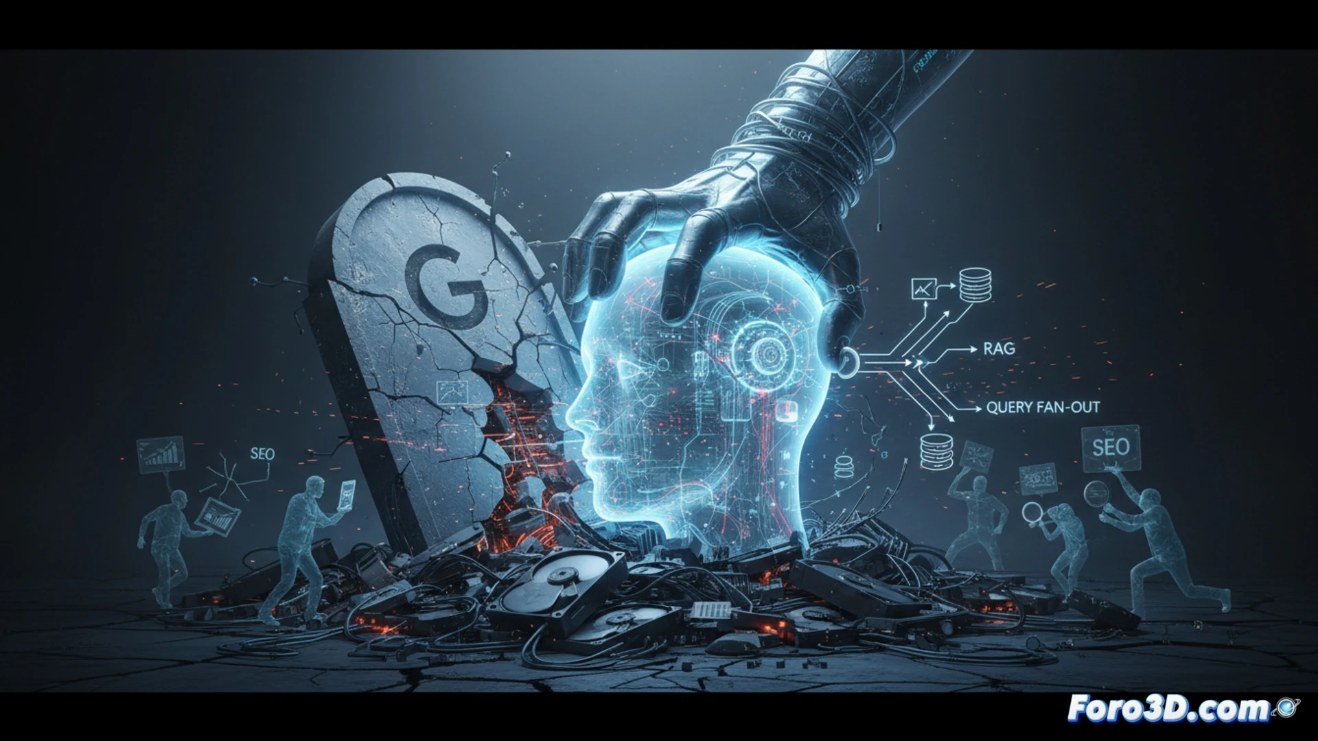 cinematic technical illustration showing a glowing search engine interface collapsing onto a fragmented SEO agency office, while a transparent RAG retrieval pipeline feeds real-time data into a ChatGPT icon, query fan-out arrows splitting into multiple broken dollar signs, server racks in background with blinking red warning lights, photorealistic engineering visualization, dramatic overhead lighting, digital debris floating in air, shattered glass effect on outdated SEO charts, hyper-detailed circuit board textures, cool blue and orange contrast lighting, ultra-sharp industrial aesthetic