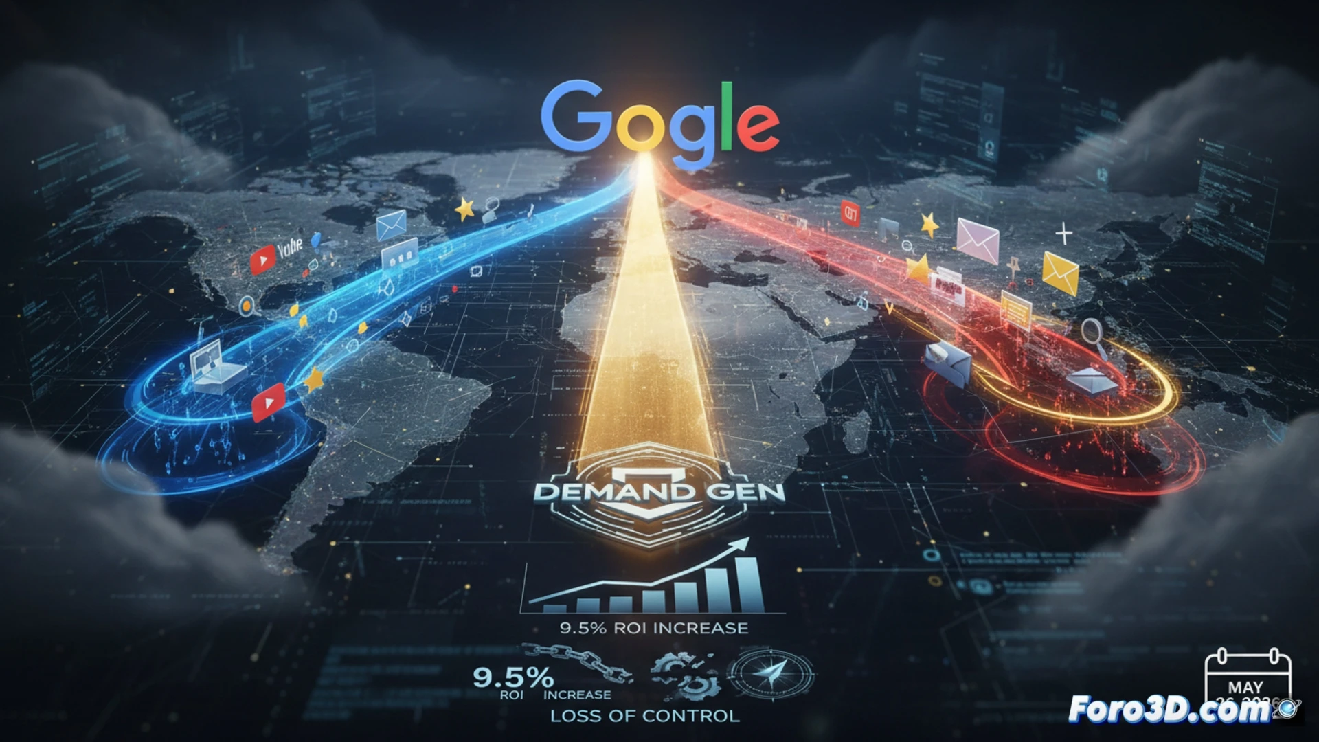 A glowing holographic control panel floating above a desk, three distinct ad interfaces labeled YouTube, Gmail, and Discover merging into a single streamlined Demand Gen campaign interface, a hand touching the unified screen while scattered campaign management tools fade into the background, cinematic technical visualization, blue and orange neon data streams flowing between the merging icons, soft ambient office lighting, photorealistic render, sharp holographic details, subtle motion blur on merging elements