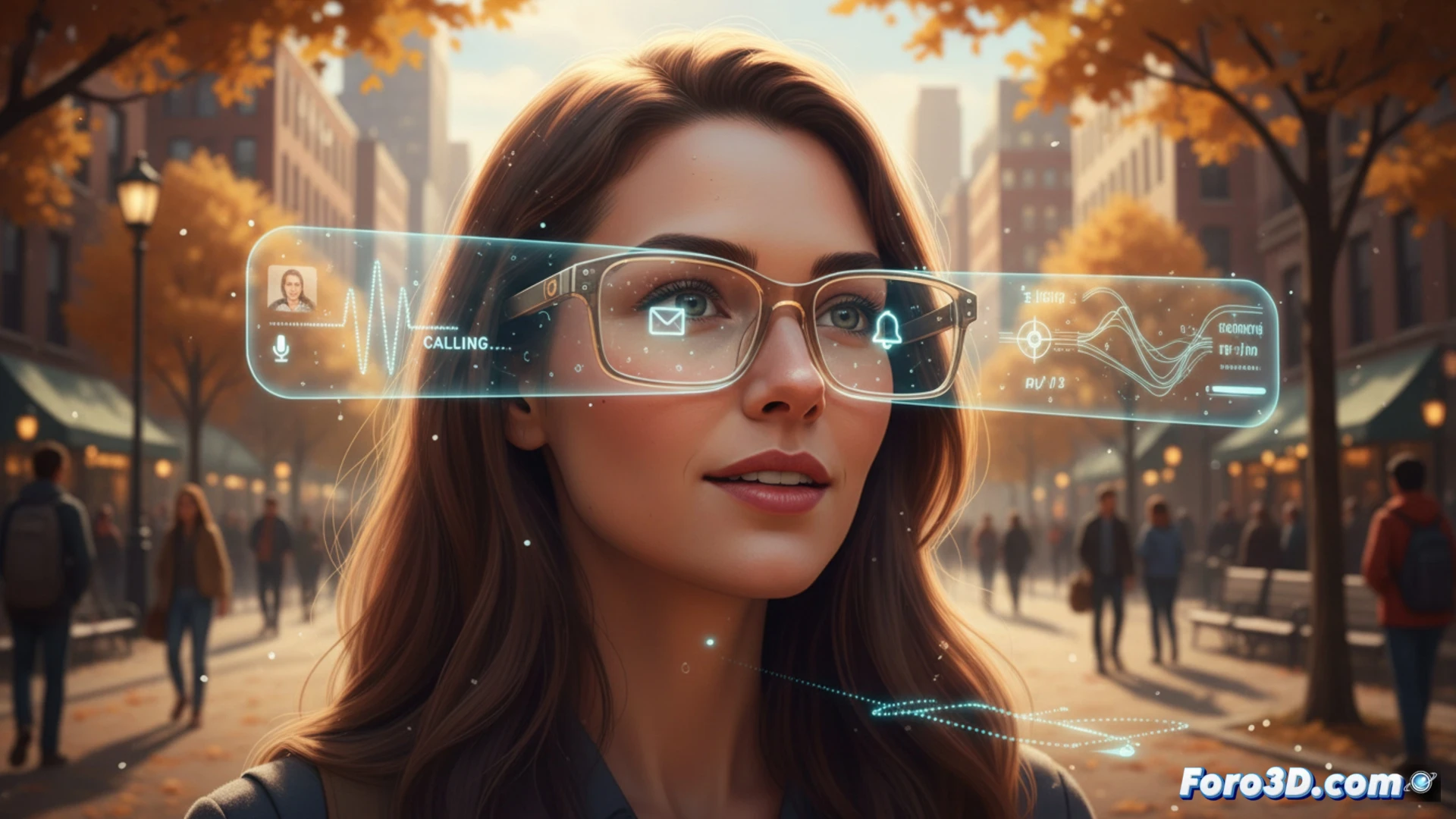 Photorealistic scene of a person wearing sleek, frameless smart glasses while using voice commands, hands-free gesture showing a transparent holographic interface floating beside the head, Gemini AI assistant icon glowing subtly on the lens edge, smartphone connected wirelessly displaying a navigation map and translation text, minimalist urban background with autumn trees, soft golden hour lighting, premium eyewear design inspired by Gentle Monster and Warby Parker, technical wearables demonstration, cinematic product visualization, ultra-detailed carbon fiber temple arms, micro-speaker and camera module visible on frame, no text or numbers, clean tech aesthetic.