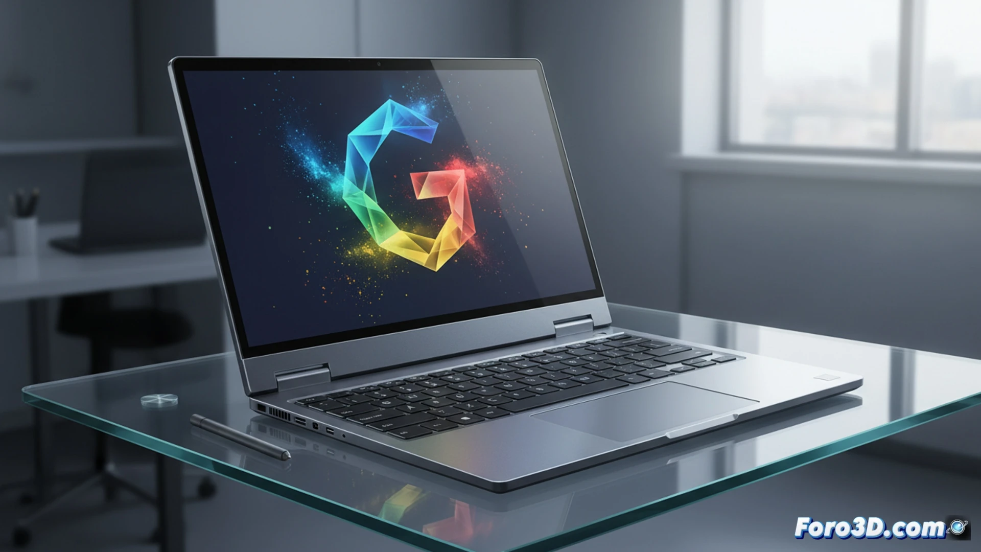 Portátil Googlebook plateado abierto, con pantalla nítida y teclado retroiluminado, junto a un MacBook Neo para comparar su diseño elegante y moderno.