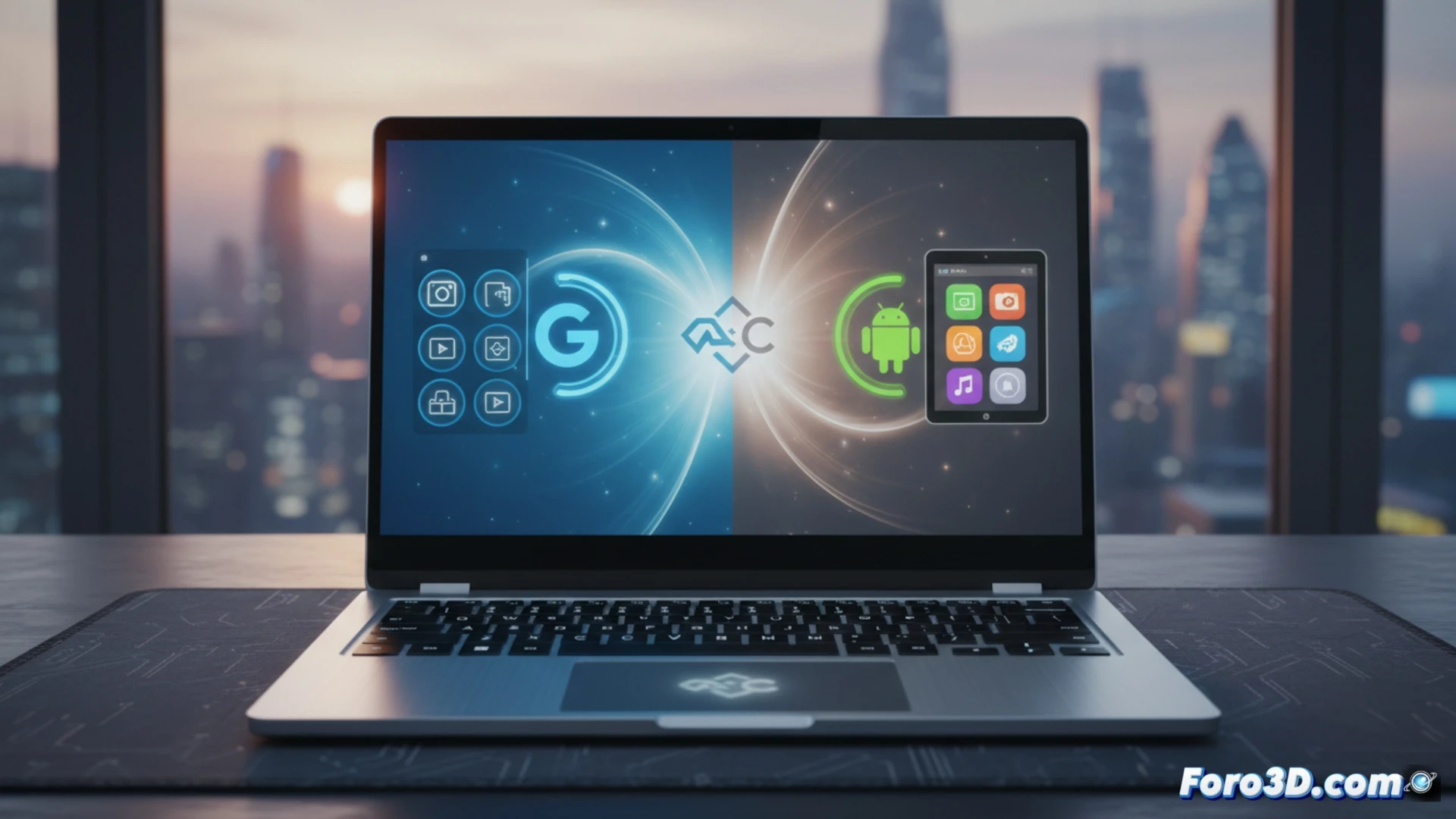 Un híbrido futurista de Android y ChromeOS, con interfaz Aluminium OS, apps y escritorio fusionados en una pantalla táctil plegable.