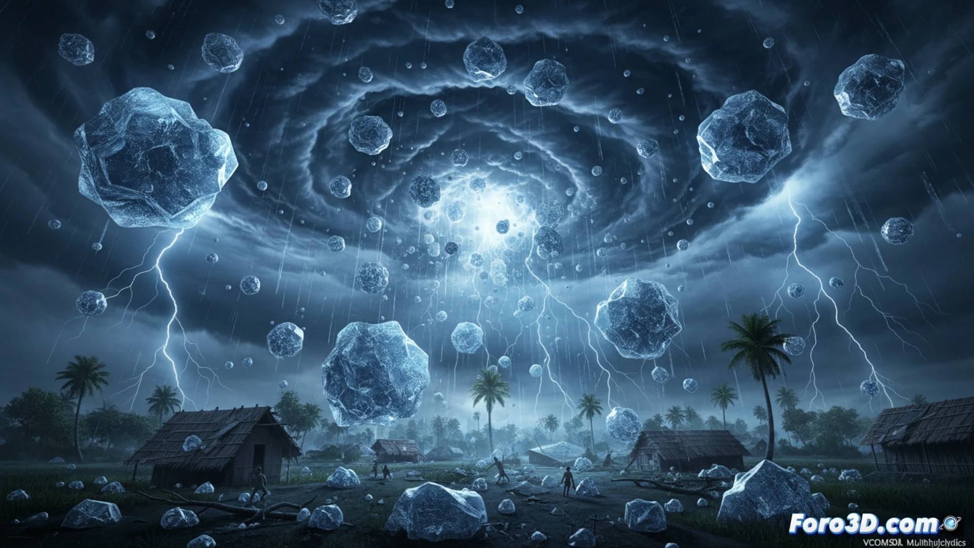 Simulación 3D de granizo de 1 kg cayendo sobre Gopalganj, Bangladesh, tormenta de 1986, fondo tormentoso.
