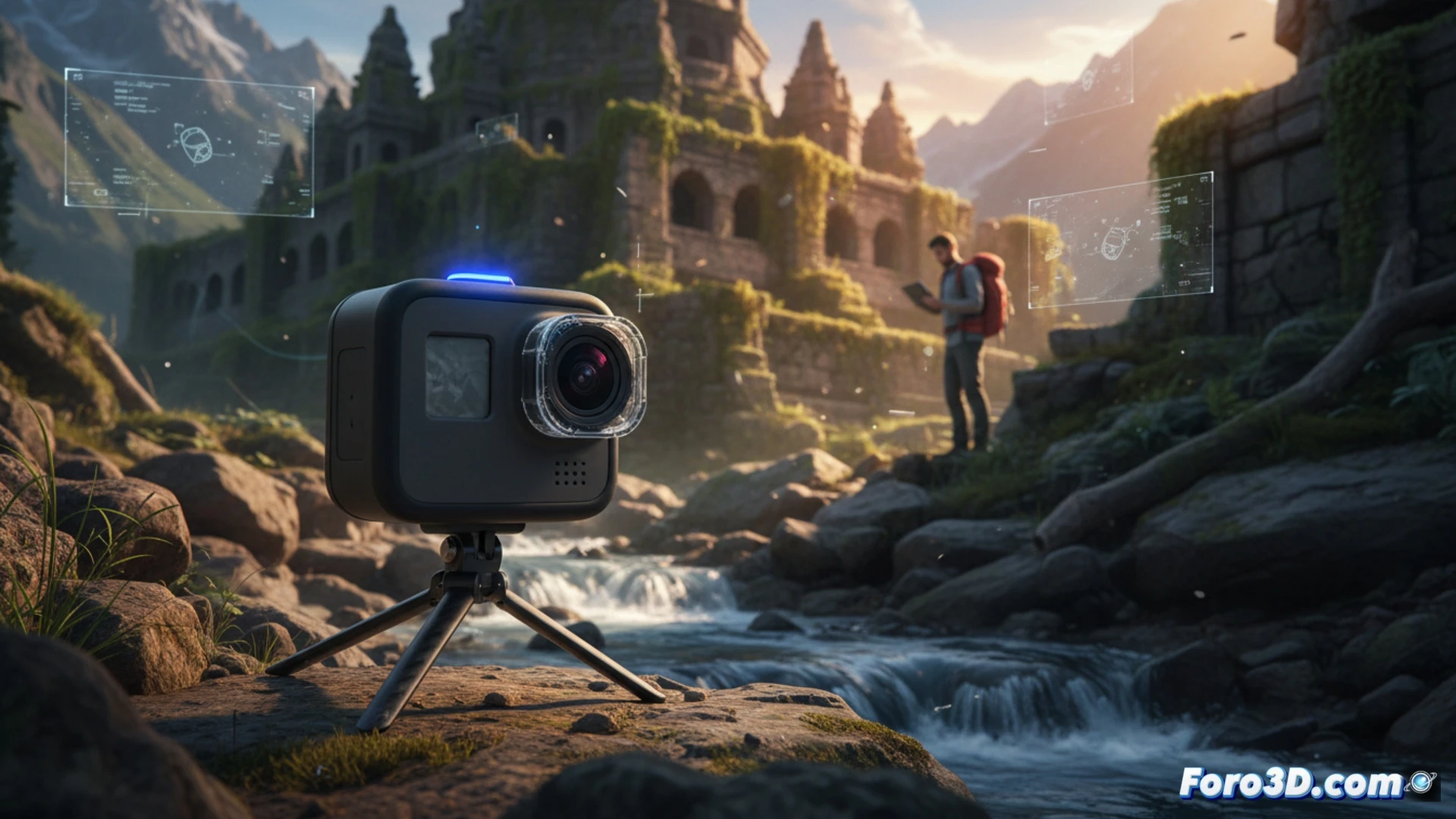 GoPro Hero 2024 Tiny en mano sobre fondo de campo, captura 3D ligera para fotogrametría profesional