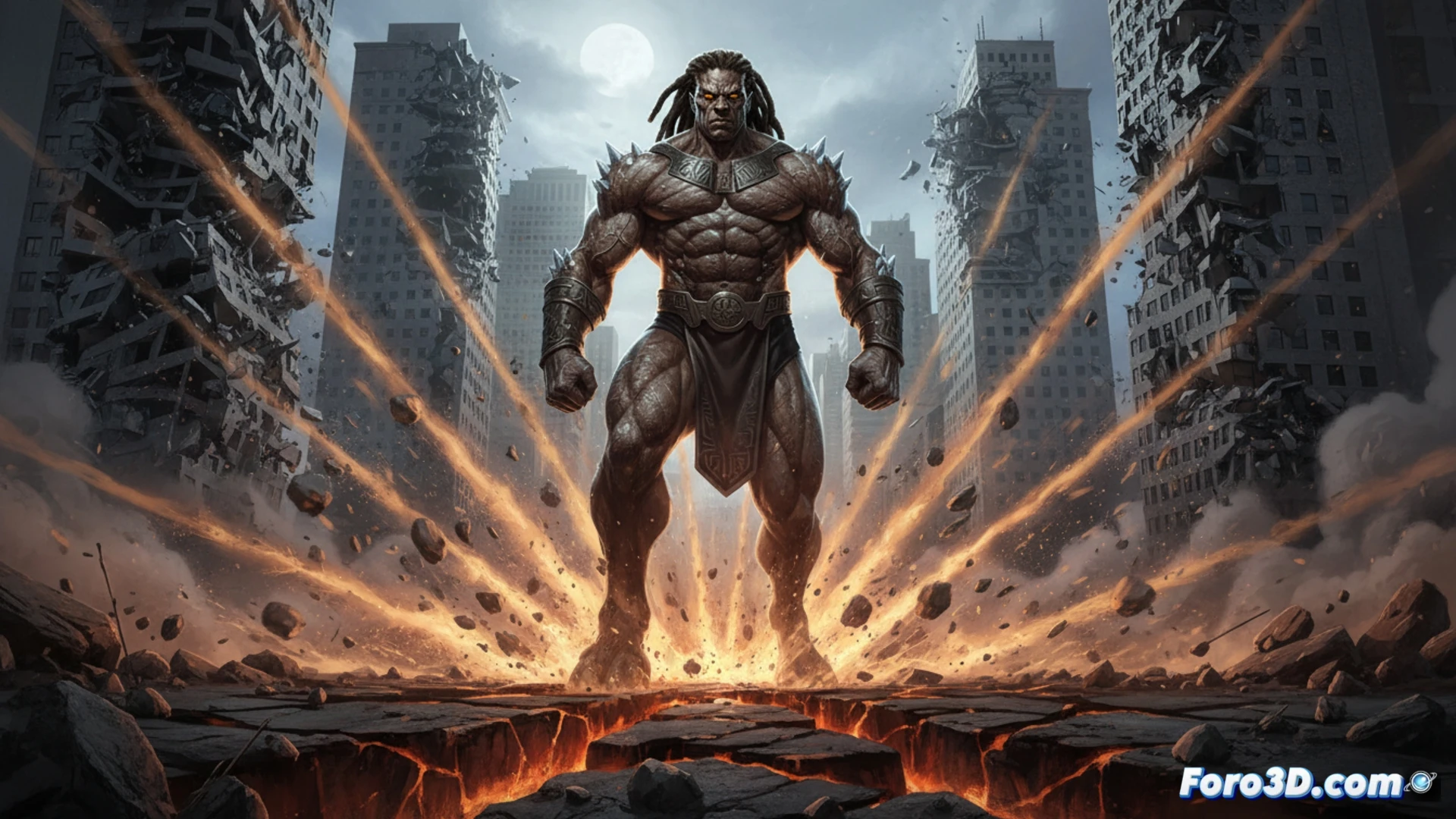 Gorgon, con pezuñas bestiales, golpea el suelo. Grietas y ondas sísmicas sacuden edificios y rocas a su alrededor.