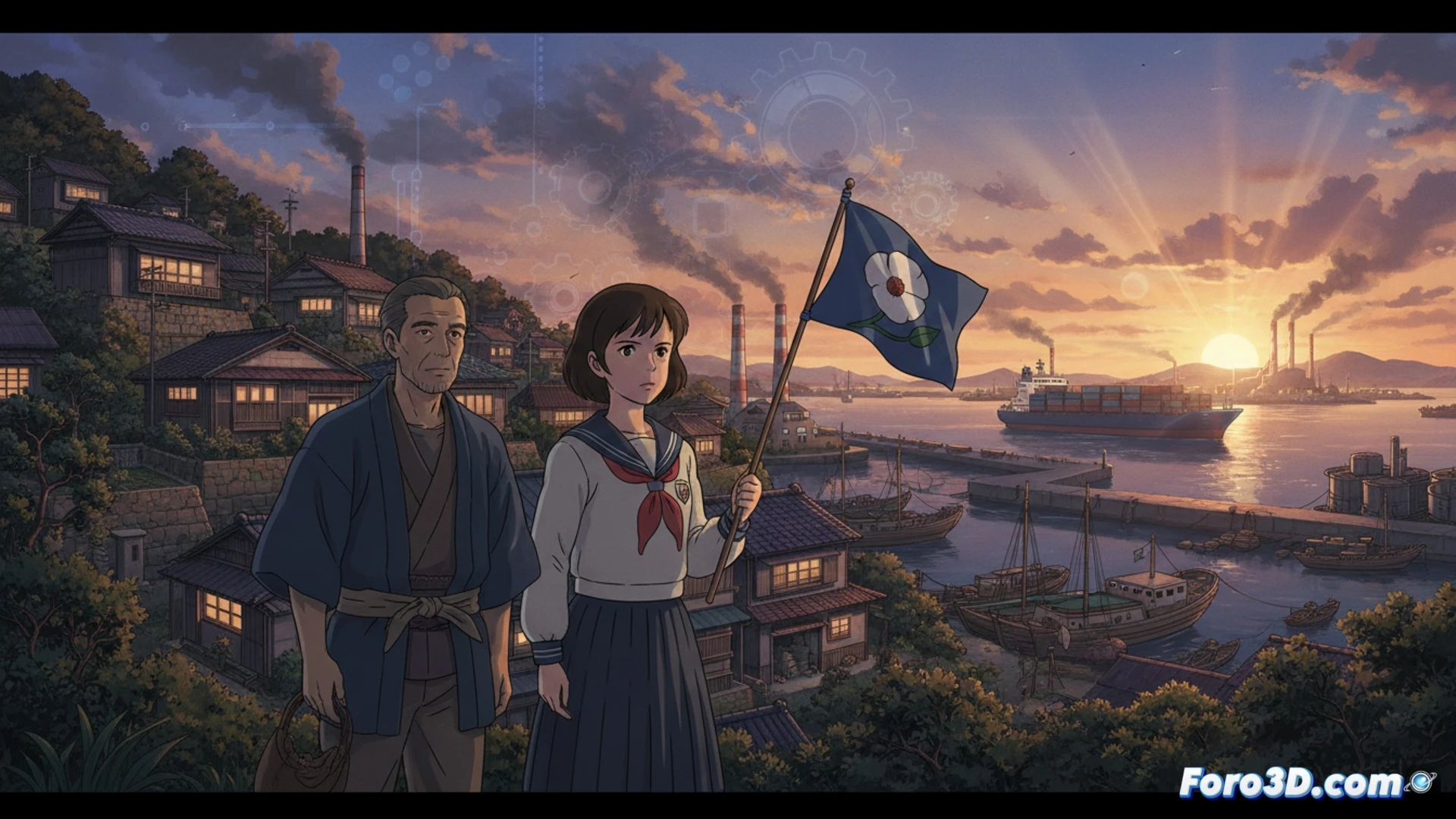 Goro Miyazaki frente a un atardecer dorado, con un lápiz y bocetos de 'La colina de las amapolas' a sus pies, mientras una sombra de Totoro se difumina detrás de él.