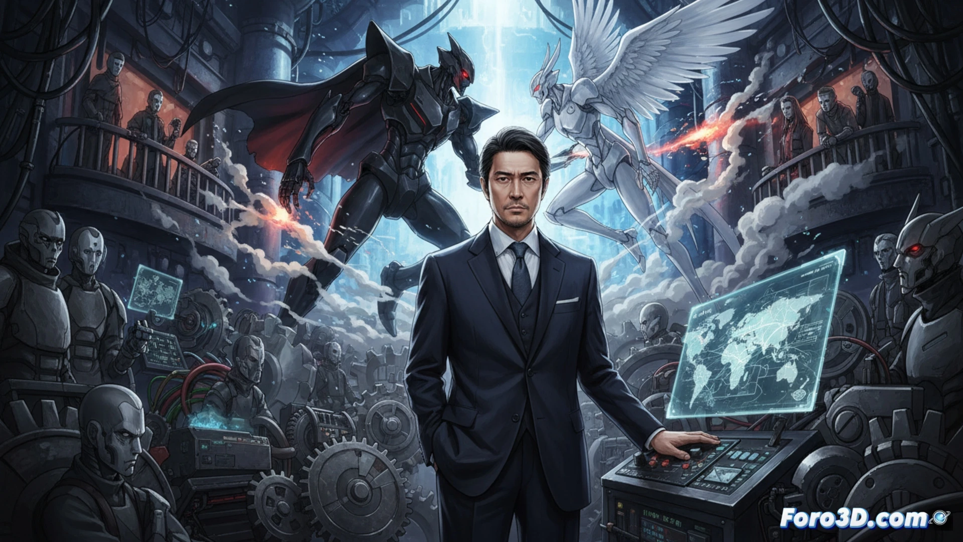 Un primer plano de Goro Taniguchi, rodeado de planos de mechas y mapas políticos, con sombras de engranajes y personajes ambiguos.
