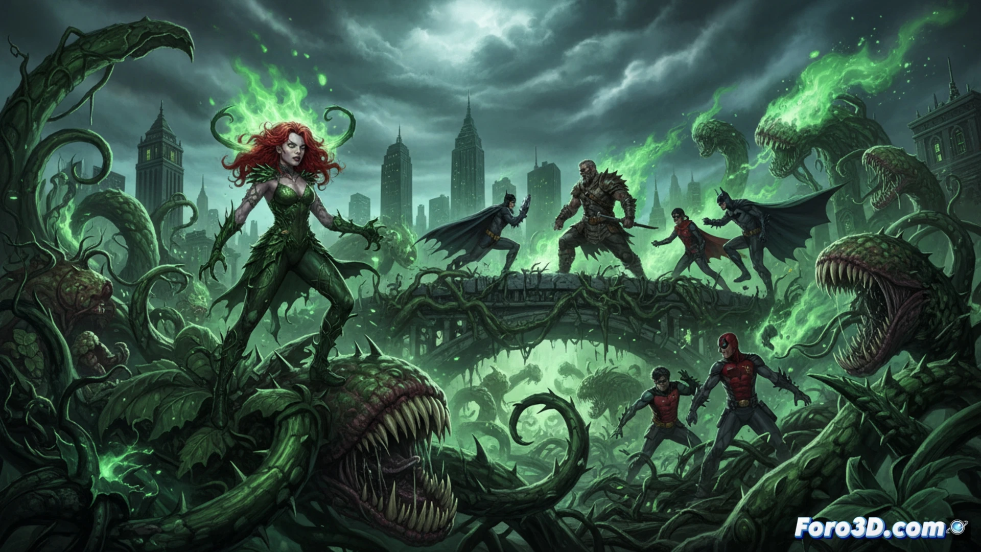 Gotham skyline at night being consumed by bioluminescent green vines and prehistoric ferns, giant carnivorous plants devouring police cruisers on a flooded street, Poison Ivy standing on a rooftop with glowing green spores releasing from her hands, Commissioner Vandal Savage silhouetted against a burning Bat-Signal, multiple Robin figures collapsing in a psychological nightmare sequence, cinematic photorealistic illustration, dramatic green and orange lighting, toxic mist spreading through urban canyons, plant roots cracking concrete and tearing through asphalt, shattered glass fragments floating in slow motion, ultra-detailed botanical horror, dark comic book aesthetic