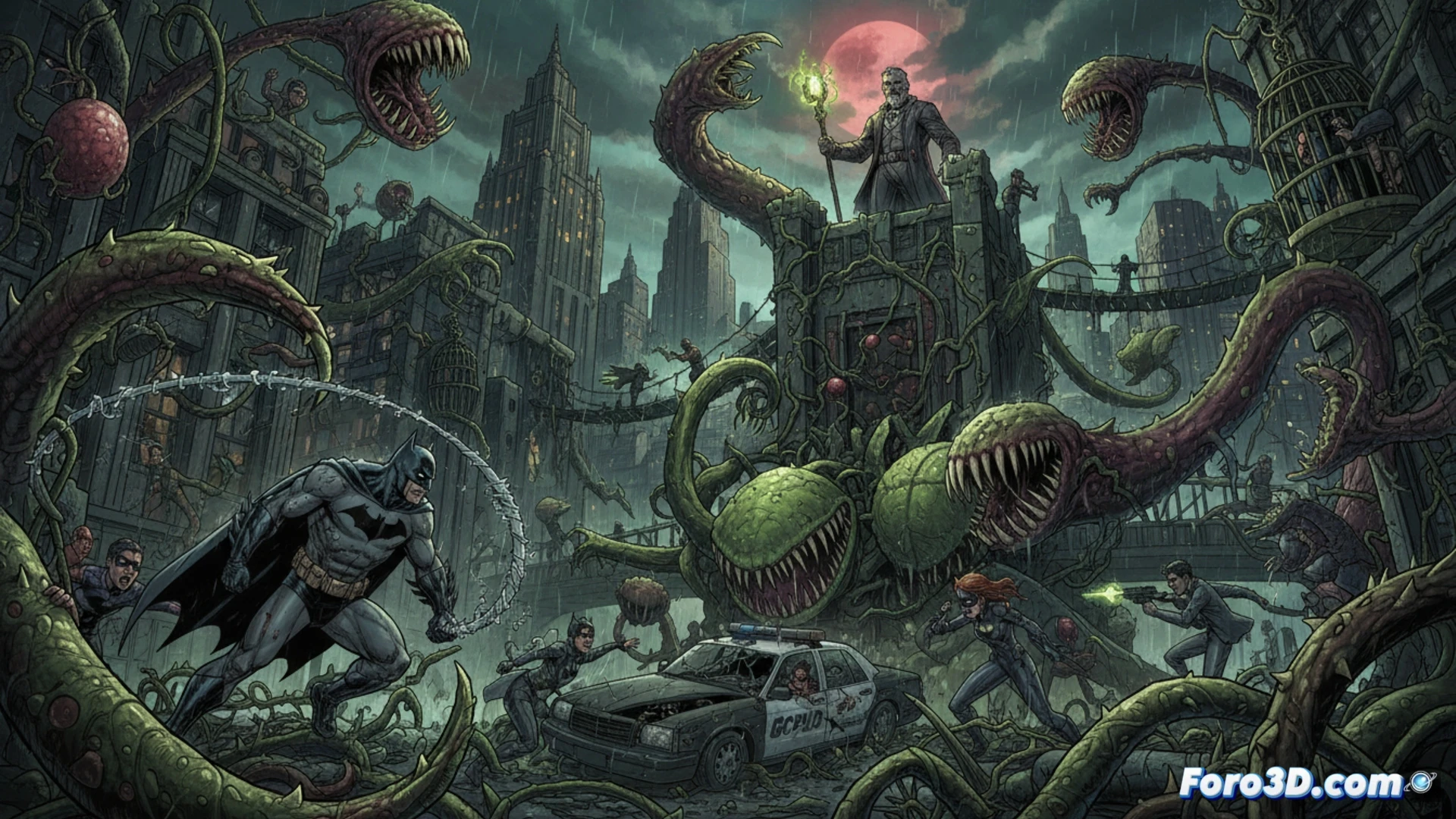 Gotham cityscape collapsing under invasive jungle vegetation, skyscrapers being consumed by thick glowing vines and carnivorous plants, Bat-Family members running through flooded streets while dodging snapping flora, GCPD armored vehicles overturned with roots piercing through metal, Commissioner Vandal Savage commanding military drones from a shattered command post, cinematic photorealistic technical illustration, dark storm clouds with bioluminescent green spore clouds, dynamic action scene showing structural decay in real-time, ultra-detailed plant tendrils wrapping around streetlights and fire escapes, dramatic cinematic lighting with deep shadows and toxic green highlights, hyper-detailed urban ruin texture