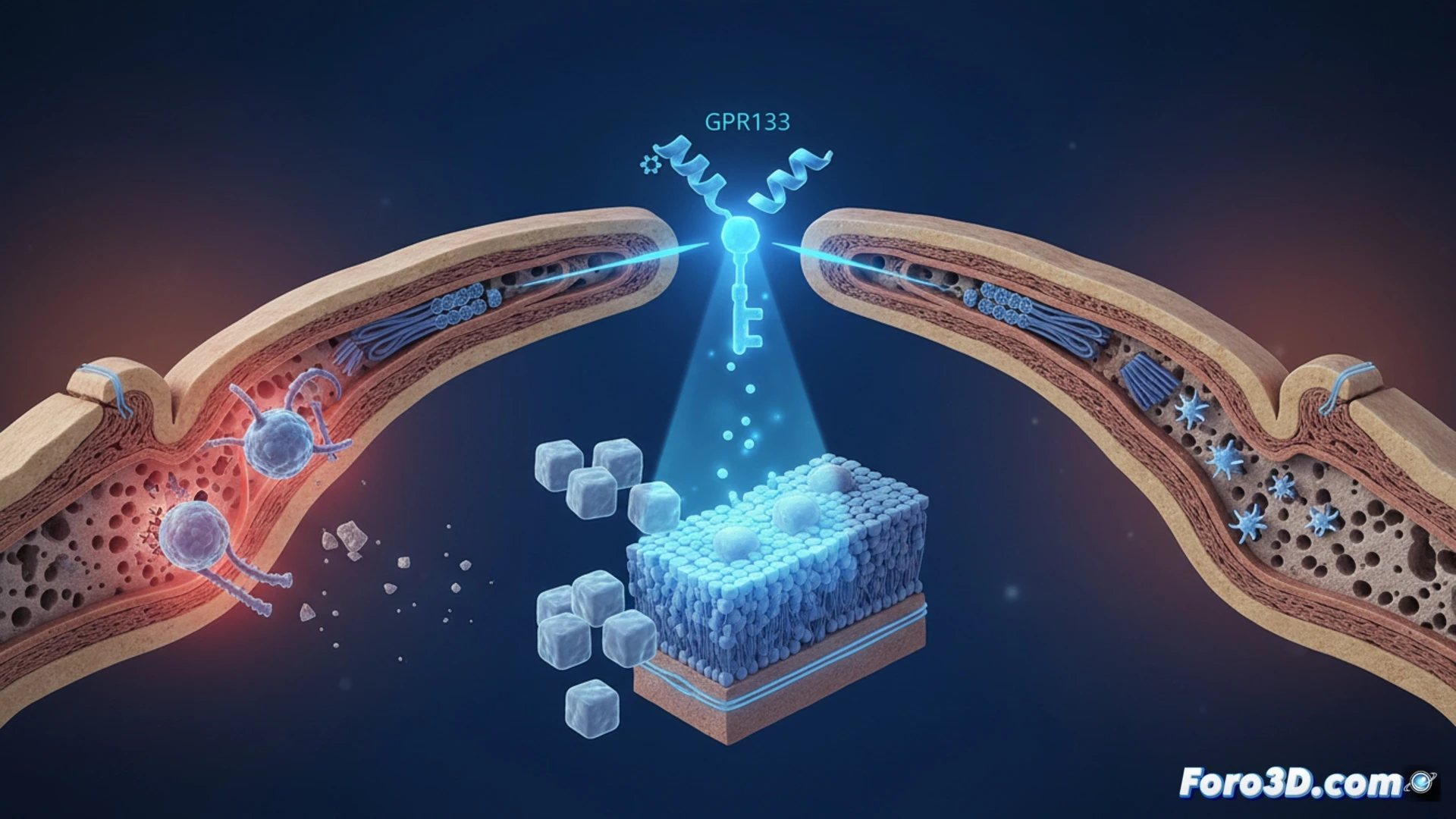 Descripción detallada (80-120 caracteres):  
Ilustración del receptor GPR133 en la membrana de un osteoblasto, activando la formación ósea y bloqueando osteoclastos, con un fondo de hueso sano y otro osteoporótico degradado.