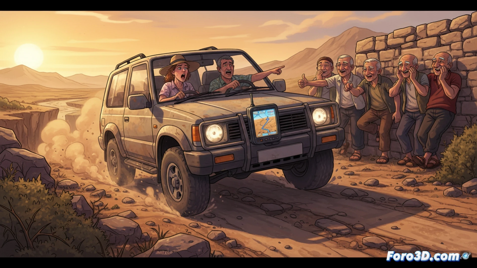 A dusty SUV bouncing along a narrow unpaved rural path, GPS navigation screen on dashboard displaying a dotted route deviating into wilderness, thick summer haze glowing through windshield, local farmers on wooden porch watching with amused expressions, dry cracked earth under blazing sun, heat waves distorting the horizon, cinematic photorealistic style, dramatic golden hour lighting, dust particles suspended in air, weathered road sign barely visible, exaggerated depth of field focusing on the GPS screen and amused locals