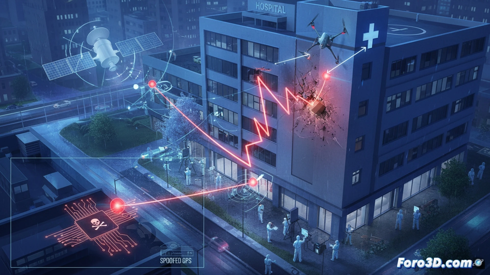 Drone de reparto estrellado contra fachada de hospital, análisis forense de ruta y GPS spoofing