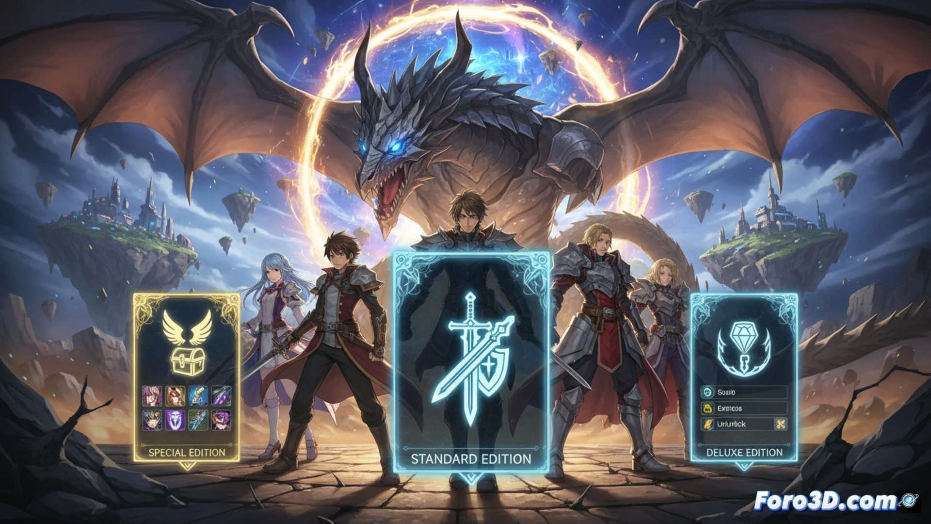 Una expansión de Granblue Fantasy Relink muestra tres ediciones del juego, con arte vibrante y personajes listos para la batalla.