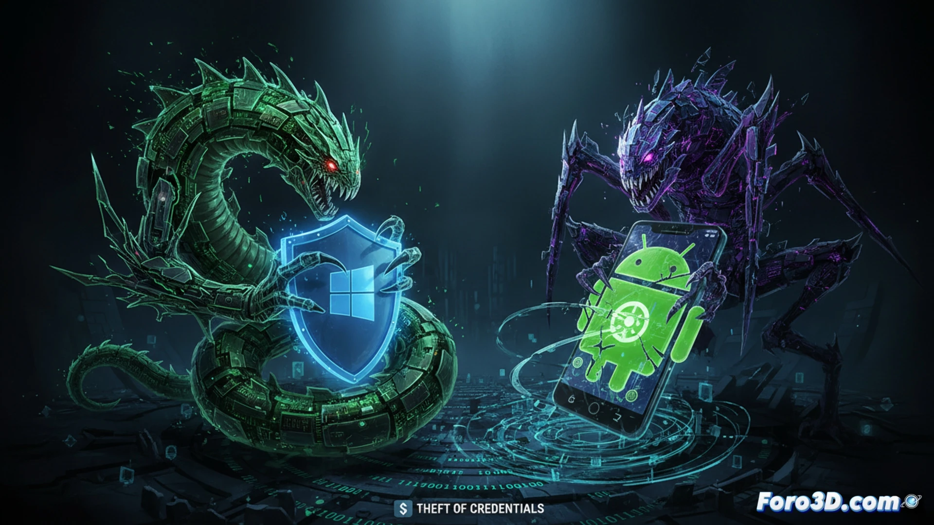 Windows laptop screen displaying fake banking login page with Grandoreiro phishing overlay, Android smartphone next to it showing BTMOB RAT remote control interface, glowing red malware symbols infiltrating both devices, digital padlock icons breaking apart, chain link symbols snapping, data streams flowing from phone to hidden server, dark room with blue emergency lighting, keyboard keys floating with scattered credit card silhouettes, cinematic cyber threat visualization, photorealistic technical illustration, dramatic shadows highlighting malicious process