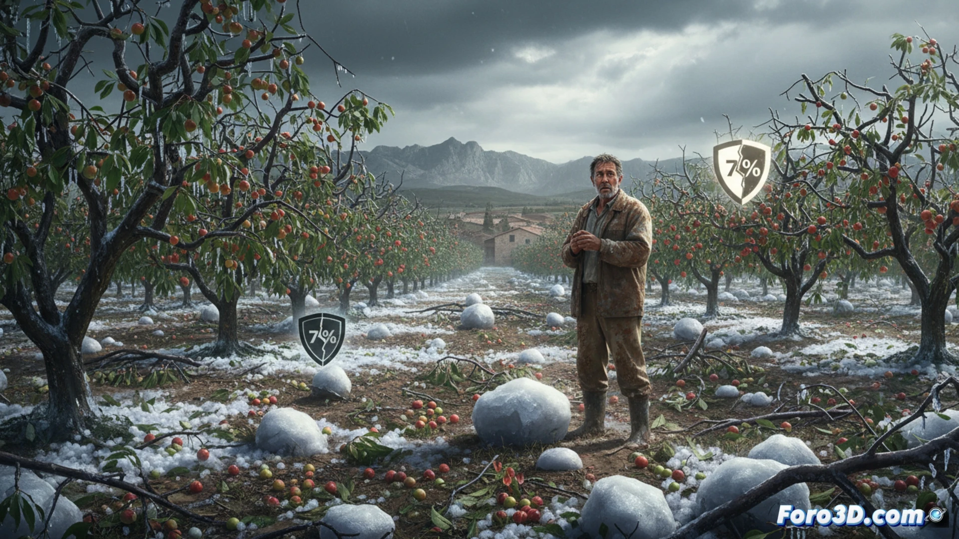 cinematic aerial view of a cherry orchard in Aragon during a hailstorm, hailstones the size of golf balls smashing into ripe red cherries, shattered fruit falling to muddy ground, a single farmer standing helplessly near a damaged tractor, piles of unharvested cherries rotting under grey storm clouds, technical illustration style, dramatic contrast between green leaves and white hail, water droplets splashing on cracked soil, ultra-detailed fruit texture, photorealistic agricultural damage documentation, harsh natural lighting from lightning flashes