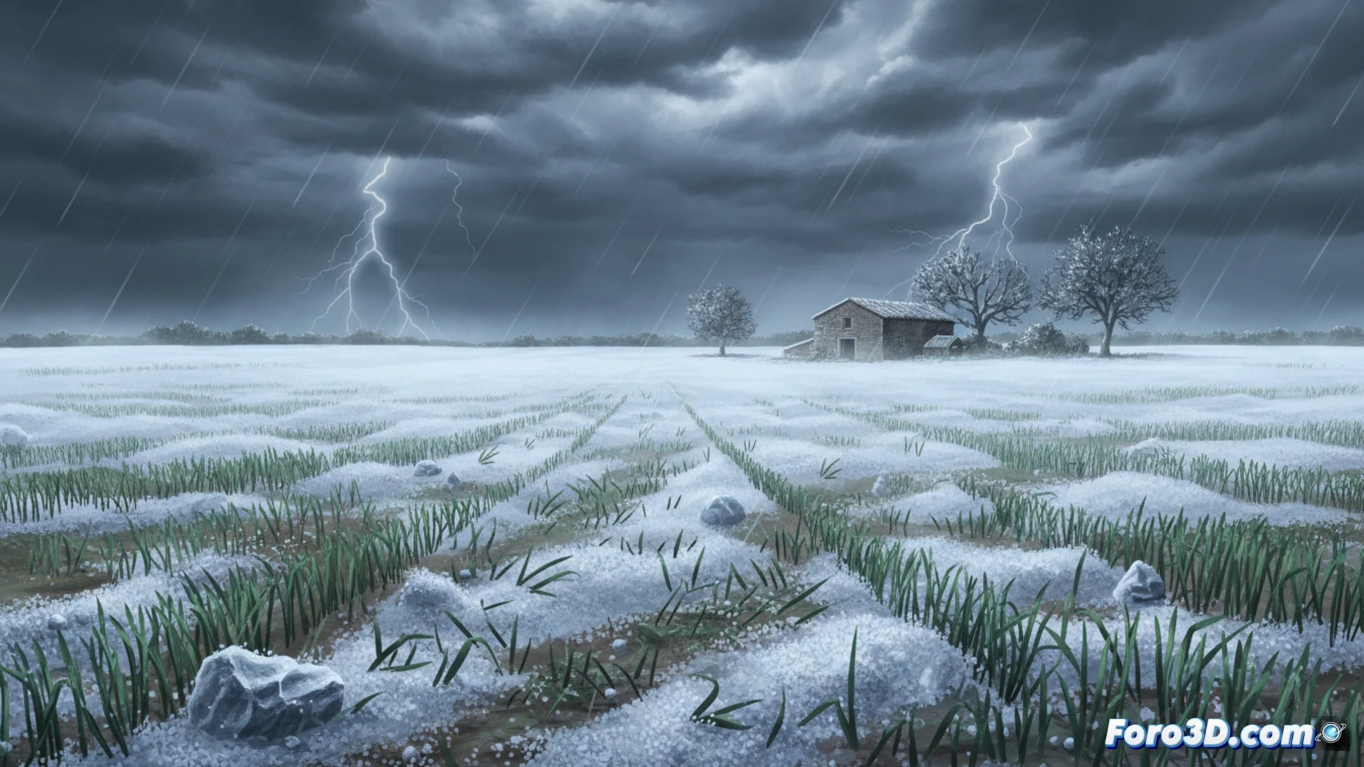 Una calle de Gallur cubierta de granizo blanco, con campos de cebada arrasados al fondo y cielo gris tormentoso.