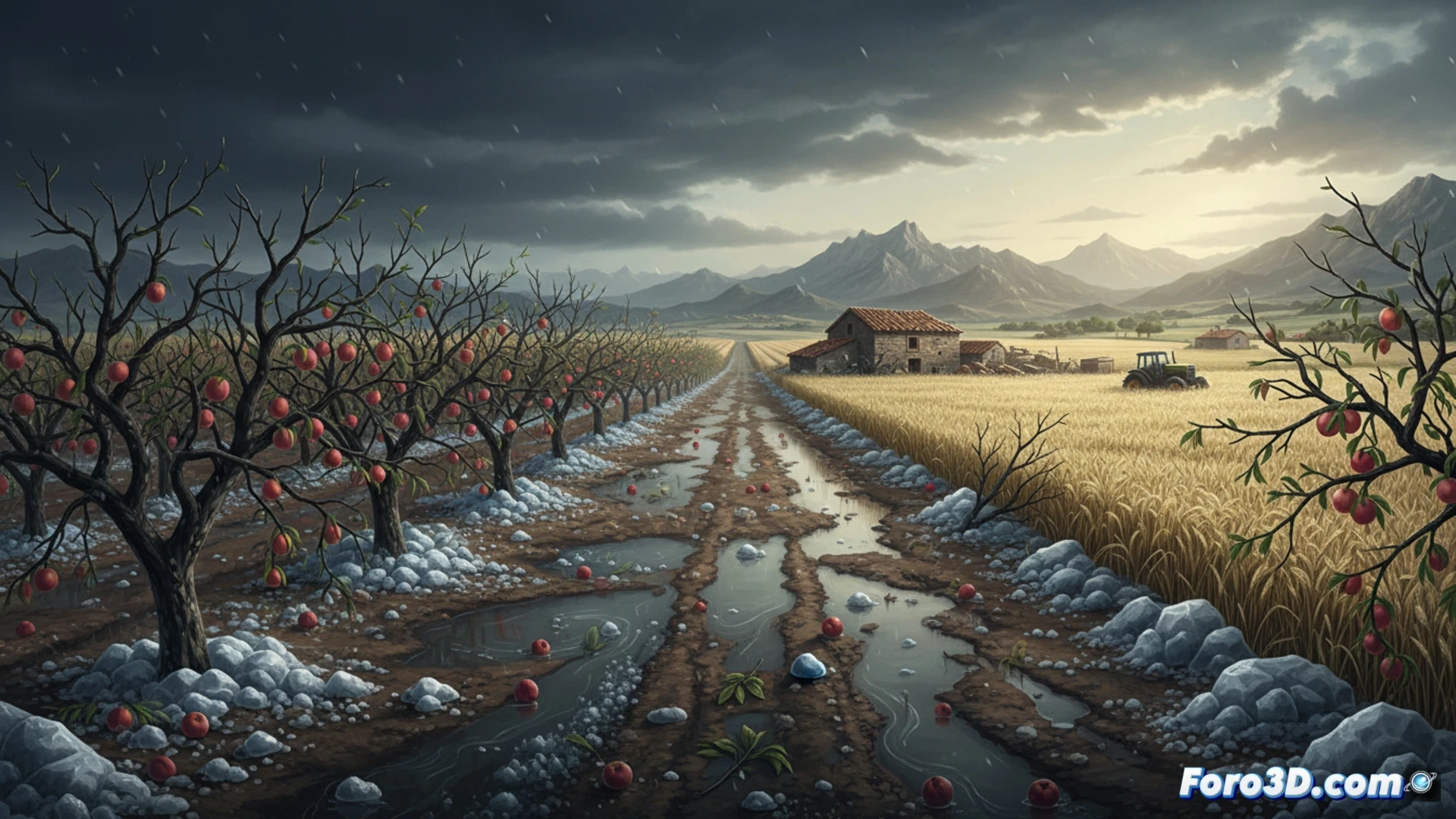 Campo aragonés devastado: árboles frutales caídos y cultivos anegados bajo un cielo gris de tormenta.