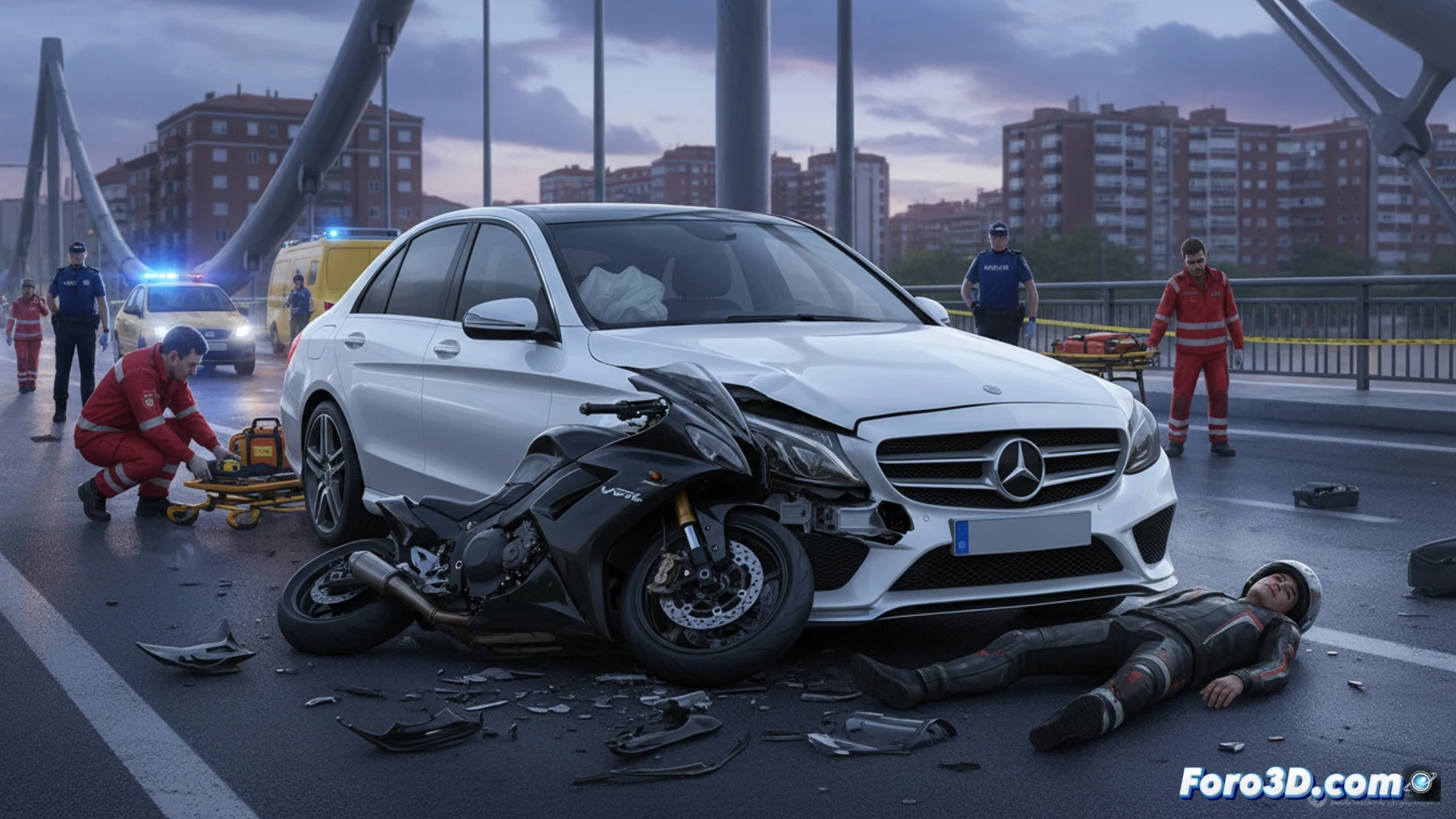 Descripción: Intersección en Puente de Vallecas, moto destrozada contra un VTC, asfalto mojado, servicios de emergencia y policía asistiendo.