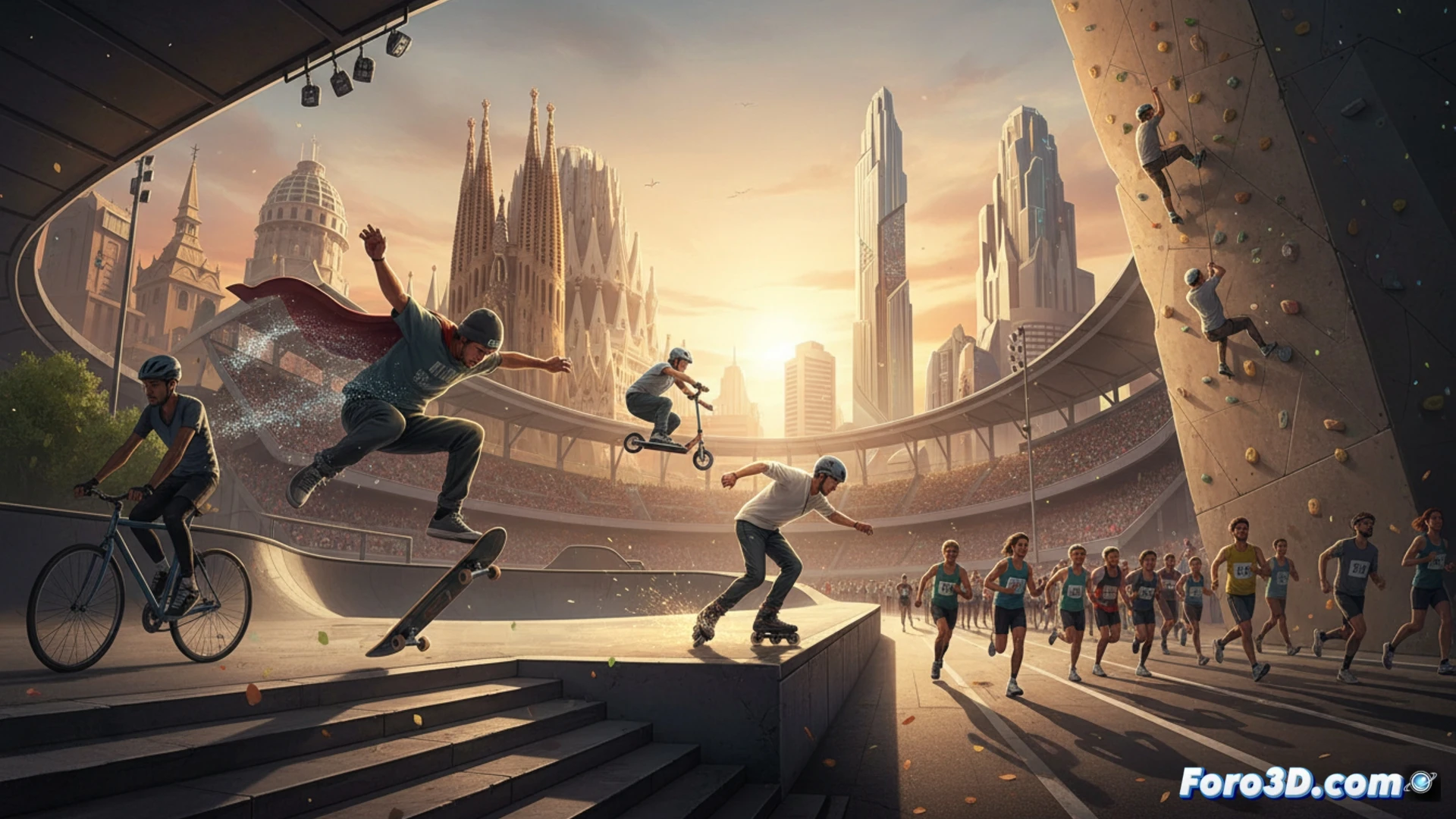 skateboarder performing a kickflip over a concrete ledge in a sunlit urban plaza, inline skater grinding a metal rail in background, scooter rider jumping off a ramp during competition, climbing wall with athletes ascending textured holds, Barcelona skyline with Montjuïc hill visible, sportswear and protective gear detailed, motion blur on wheels and hands, dynamic action poses, cinematic photorealistic style, golden hour lighting casting long shadows, vibrant graffiti-covered surfaces, technical precision in movement, wide-angle lens capturing multiple disciplines simultaneously