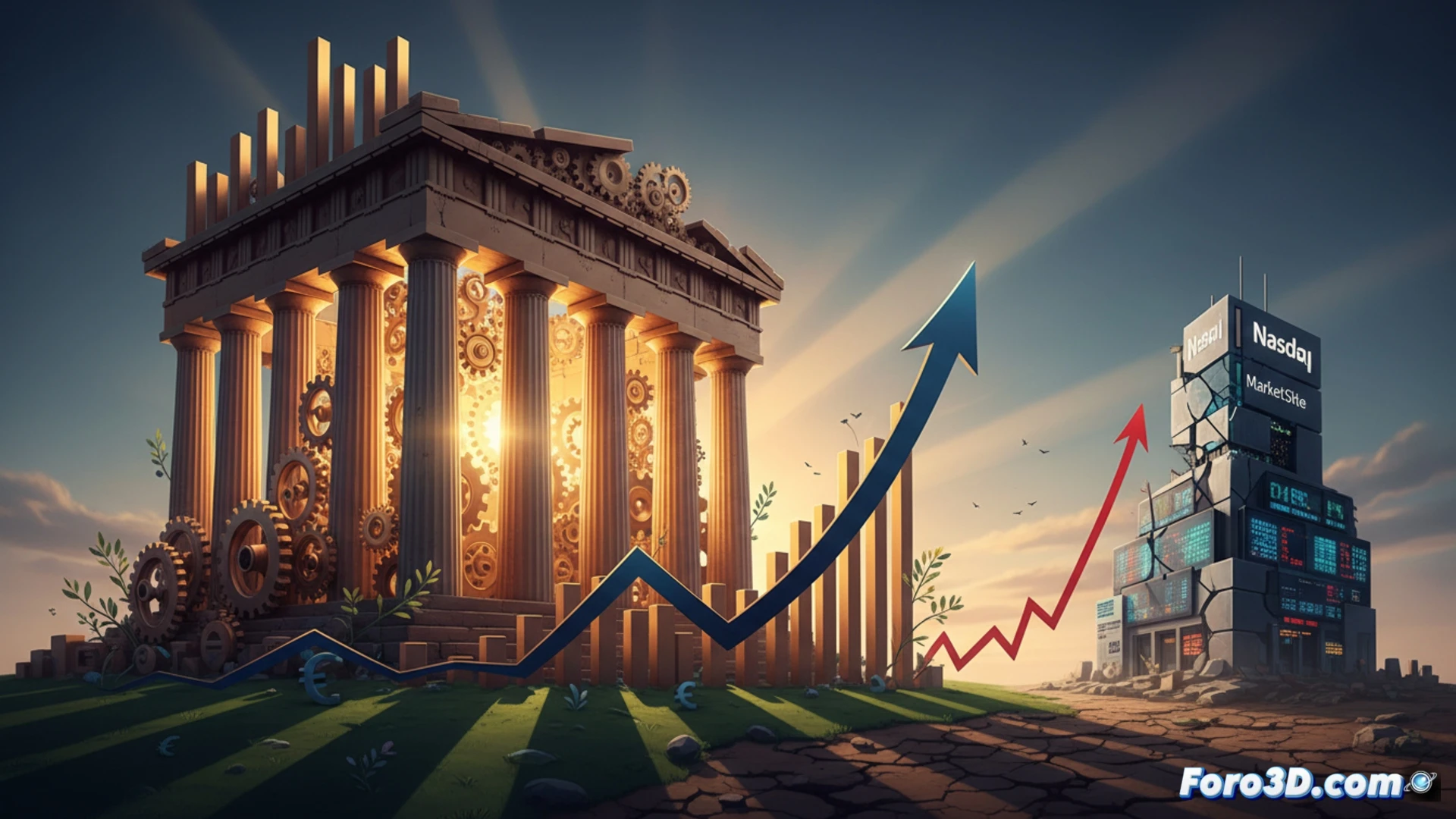 Ancient Greek temple columns transforming into glowing stock market candlesticks rising from rubble, shattered bank vault doors and broken capital control chains scattered on the ground, Nasdaq logo shadow fading behind a towering blue-and-white flag chart, cinematic financial visualization, photorealistic render, golden sunlight breaking through storm clouds illuminating the ascending columns, dramatic shadows from collapsing American tech symbols, debris of old crisis documents being swept away by wind, ultra-detailed marble textures with digital circuit patterns, technical illustration style with economic symbolism