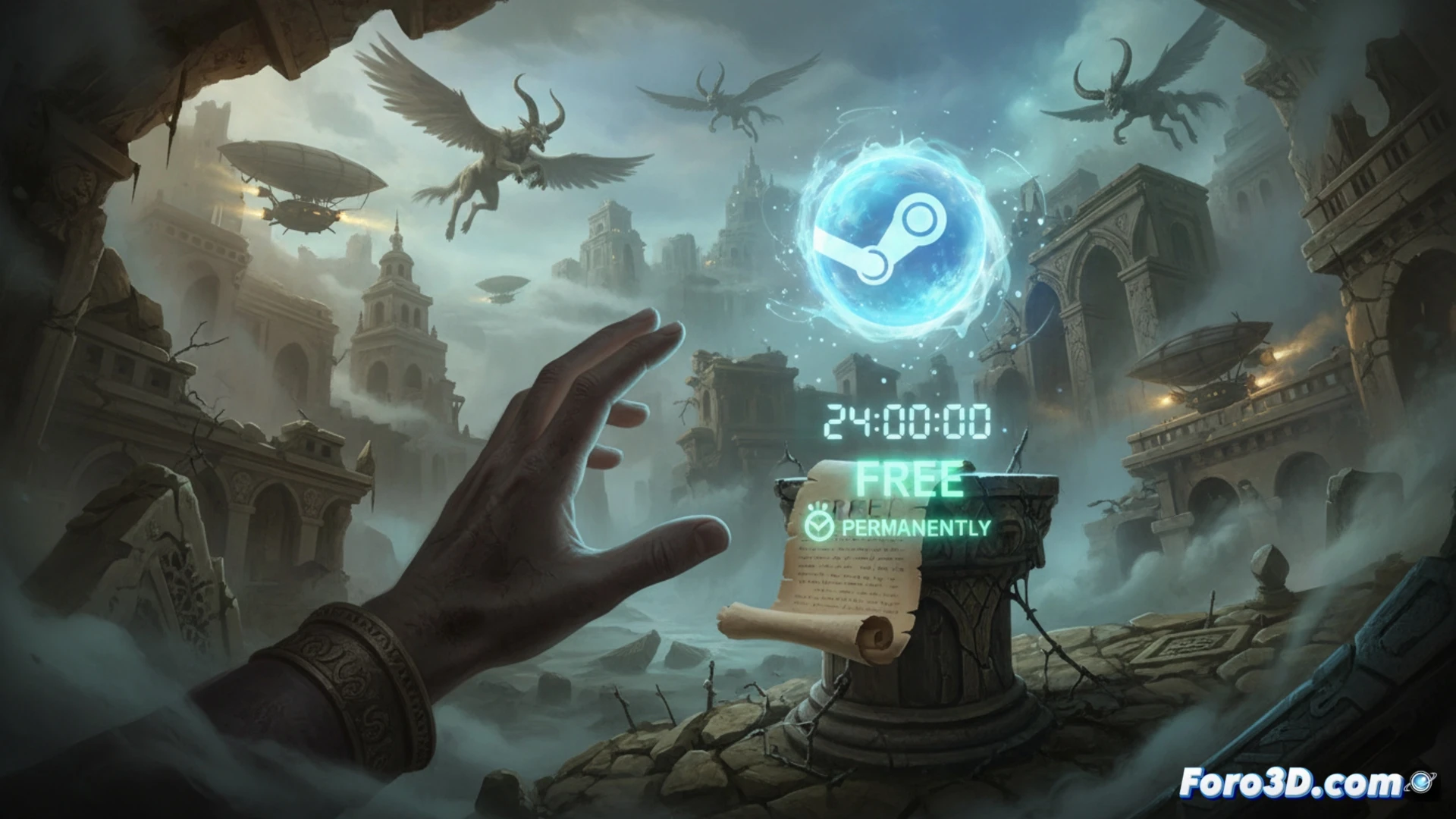 Steam store page interface on a monitor, hand clicking claim button on Greedfall: The Dying World game tile, download progress bar filling next to a controller, dark fantasy RPG scene behind the UI showing a character fighting a glowing crystal beast in a decaying forest, mist rising from cracked ground, realistic technical illustration, cinematic lighting from monitor glow, photorealistic game art style, ultra-detailed armor textures, dynamic action pose during combat