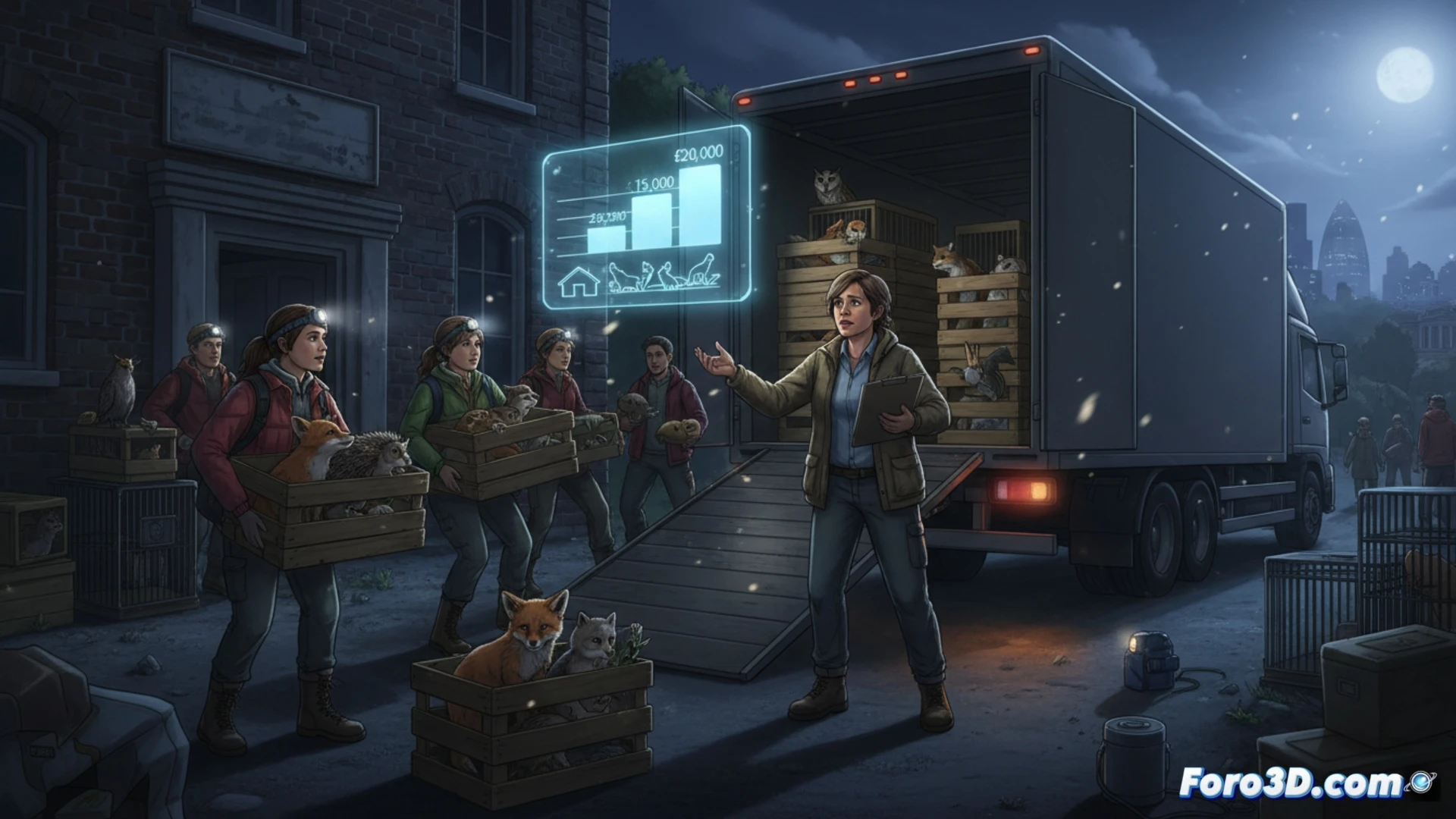 wildlife rescue workers in blue gloves carefully lifting a wounded fox into a transport cage, stacked animal crates and medical equipment visible in the background, a moving truck partially loaded with veterinary supplies and bird cages, urgent evacuation scene in a cluttered warehouse facility, dramatic side lighting casting long shadows, dust particles floating in the air, photorealistic documentary style, shallow depth of field focusing on the fox’s alert eyes and the worker’s hands, high detail texture on fur and worn plastic crates, cinematic rescue photography