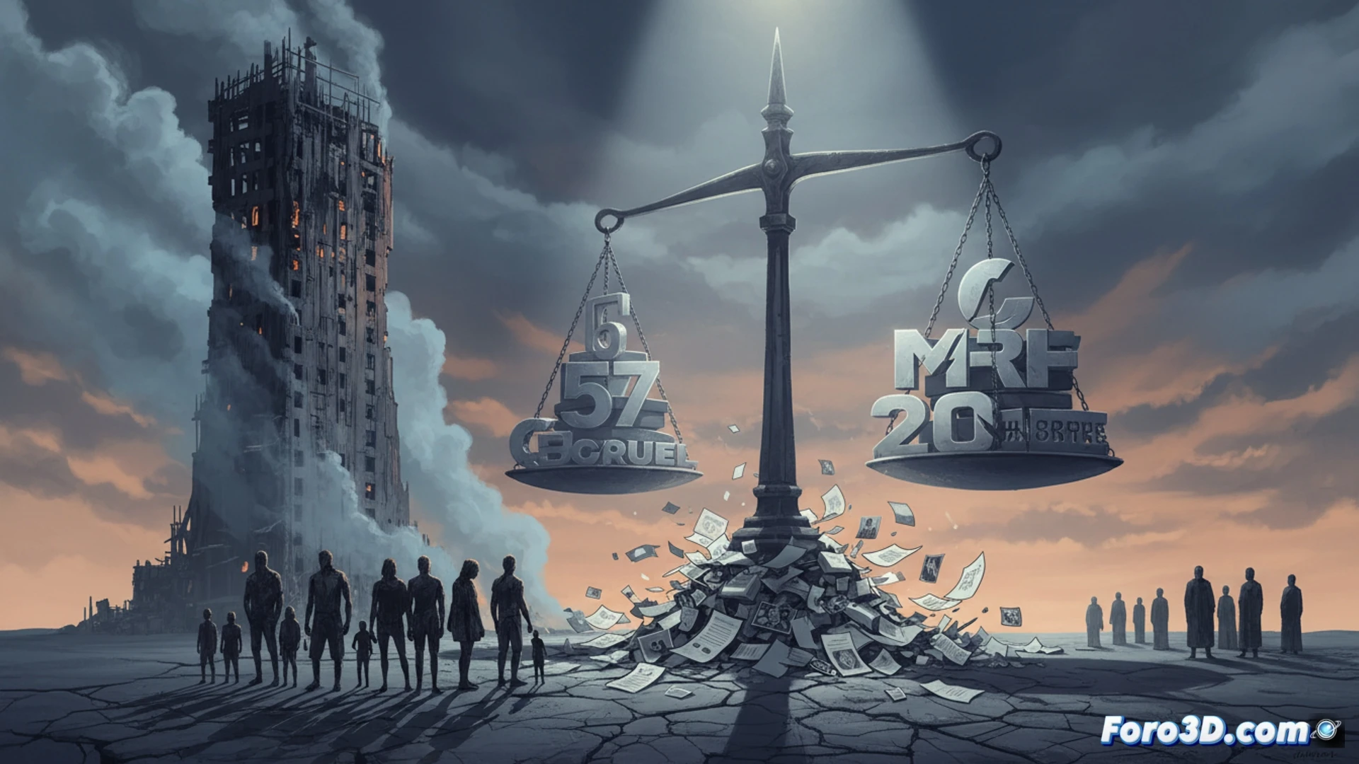 Aerial view of a charred high-rise building facade, forensic investigators in white suits examining blackened aluminum composite panels on scaffolding, digital tablets displaying structural diagrams, a gavel resting on legal documents beside a laptop showing corporate logos, dramatic overcast London sky, cinematic photorealistic technical illustration, smoke-stained concrete, yellow evidence markers on the ground, industrial lighting, ultra-detailed architectural damage, solemn investigative atmosphere