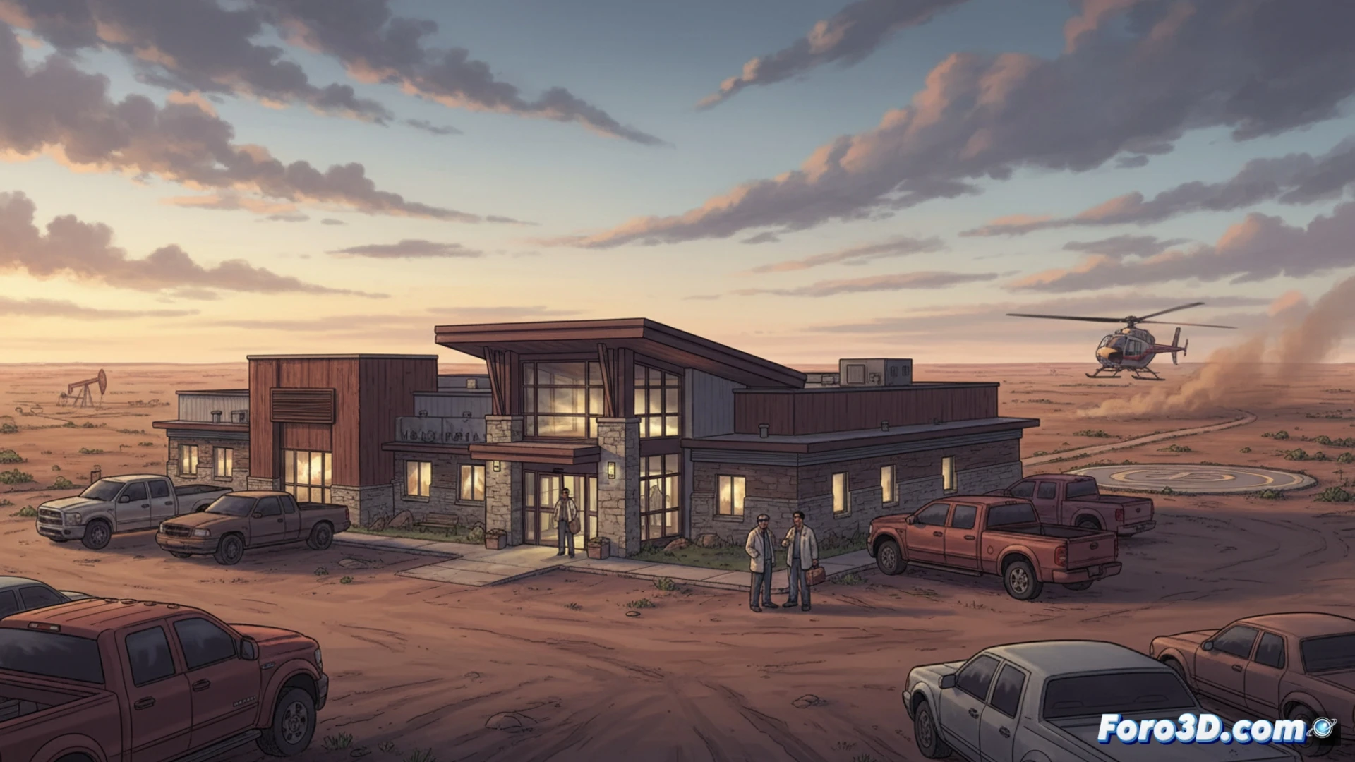 Rural Texas hospital exterior at golden hour, a dusty ambulance speeding toward the entrance, kicked-up red dirt and dry grass swirling in the wind, doctors in blue scrubs rushing out with a stretcher, medical monitors showing flat ECG lines, open trauma bay doors revealing basic surgical tools on a worn metal table, solitary highway stretching to the horizon behind the building, cinematic photorealistic style, dramatic sunset lighting, high contrast shadows, weathered wooden fence in foreground, medical equipment details visible through glass doors, wide-angle lens effect emphasizing isolation