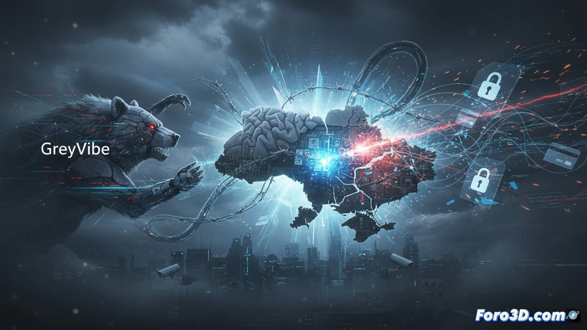 cyber attack scene with glowing red code streams and AI neural network nodes, Russian hackers using automated penetration tools against Ukrainian digital infrastructure, multiple screens showing breached firewalls and encrypted data extraction, antivirus software being overwhelmed by AI-generated malware variants, dark server room with cooling pipes and blinking network switches, cinematic technical visualization, holographic threat maps floating above keyboards, intense blue and red lighting contrast, photorealistic render with dramatic shadows and metallic reflections