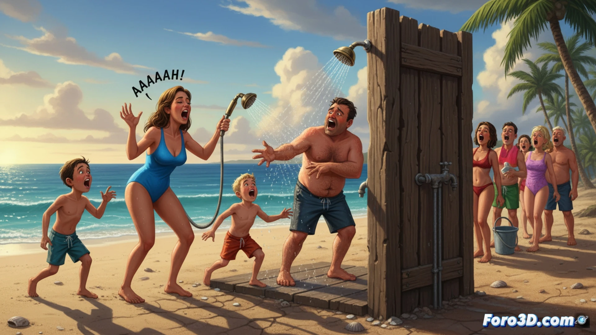 Sunbathers at a beach shower, arms raised, mouths open in desperate shouts, water droplets frozen mid-air around dry showerheads, sand grains falling from wet skin, concrete floor with scattered flip-flops and towels, cinematic engineering visualization, dramatic sunlight casting long shadows, metallic shower pipes with visible dry valves, photorealistic technical render, hyper-detailed textures of salt-crusted metal and peeling paint, wide-angle lens emphasizing collective action, motion blur on shouting figures, still water pipes contrasting with dynamic human poses