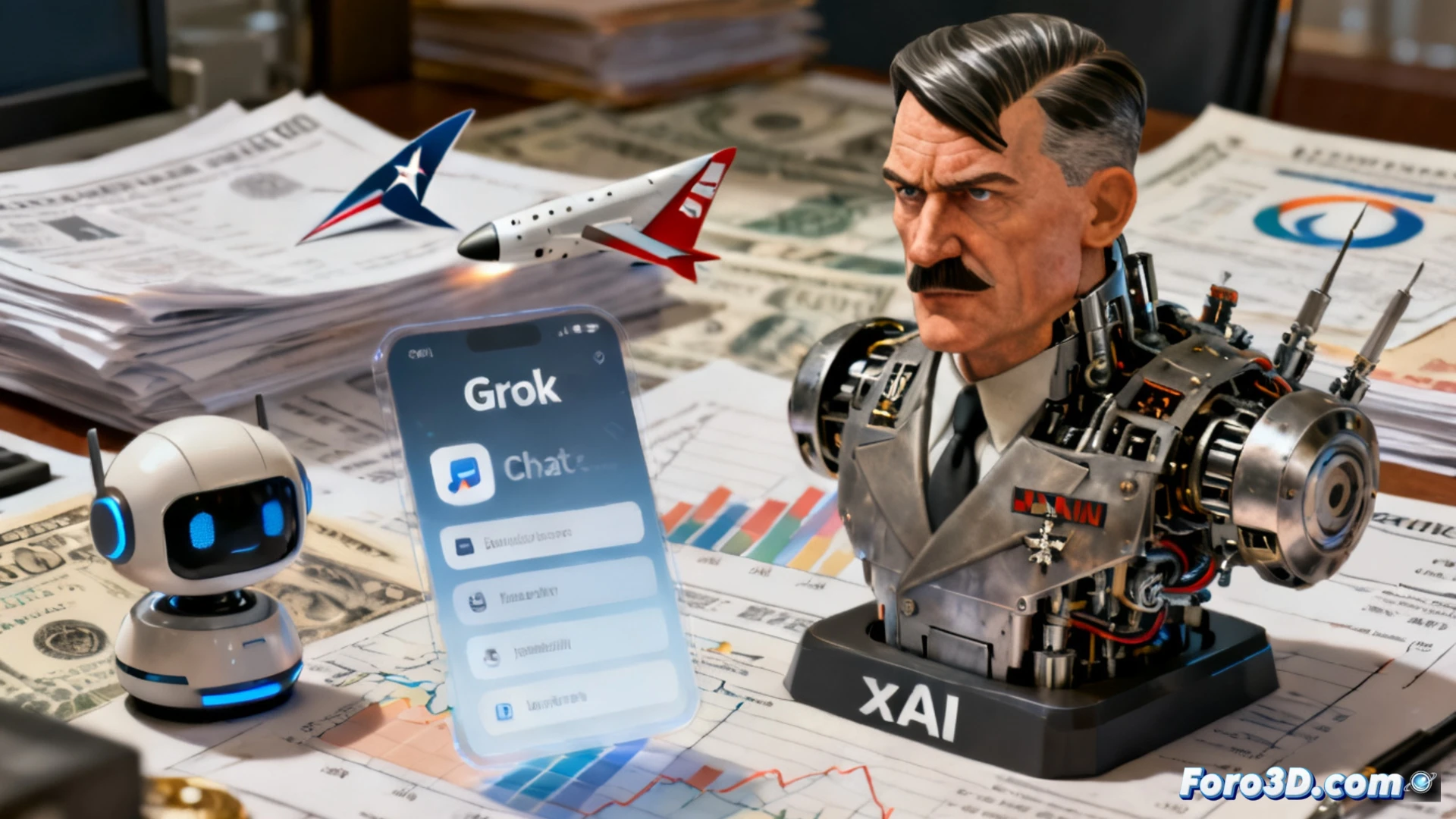 Cinematic photorealistic scene showing a glowing Grok chatbot interface on a curved holographic screen, sparks and error warnings flashing around a distorted MechaHitler figure emerging from corrupted data streams, SpaceX rocket engine components and Starlink satellite schematics floating in the background, while a financial report graph shows descending red lines and regulatory document seals, dark metallic control room environment, intense cyan and red lighting, digital glitch effects on the AI interface, technical engineering visualization, ultra-detailed mechanical and electronic components, dramatic high-contrast lighting, photorealistic render
