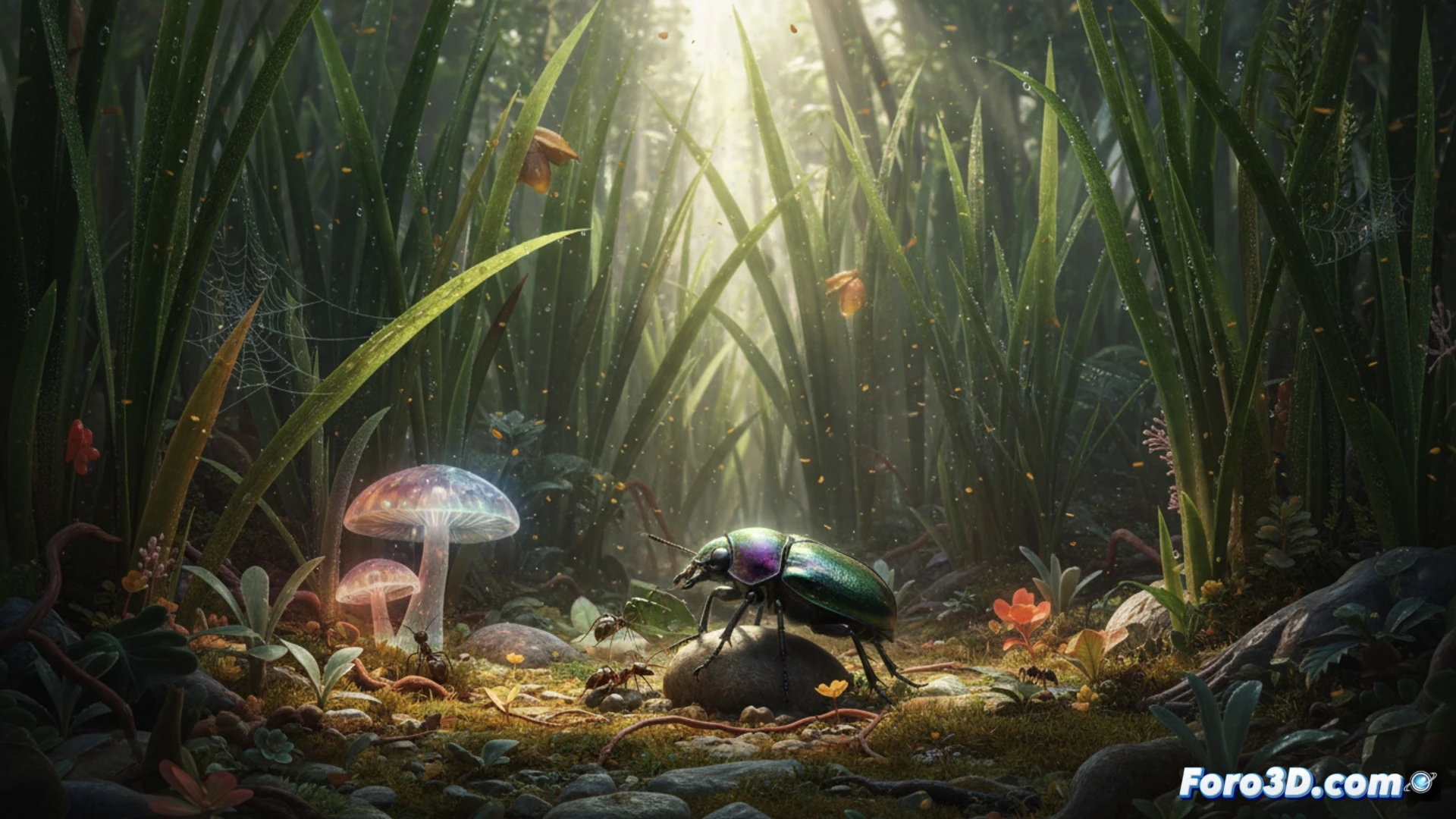 Captura de Grounded mostrando una hormiga junto a una hoja gigante con iluminación realista y shaders de vegetación