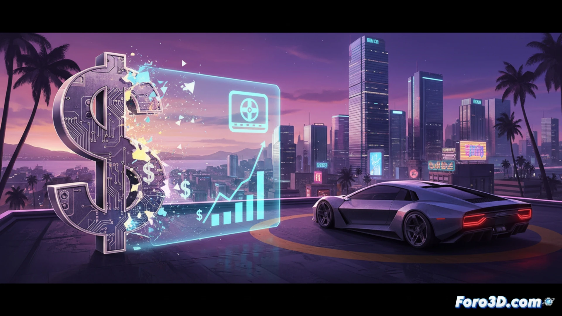 GTA 6 game development studio scene, multiple high-end monitors displaying Vice City open-world rendering, three developers interacting with motion capture equipment while animating a character sprinting past neon-lit palm trees, stacks of hard drives and server racks visible in background, a whiteboard covered in complex code and budget projections, cinematic technical illustration style, dramatic blue and orange lighting, photorealistic textures on gaming hardware, sleek modern office environment, ultra-detailed engineering visualization