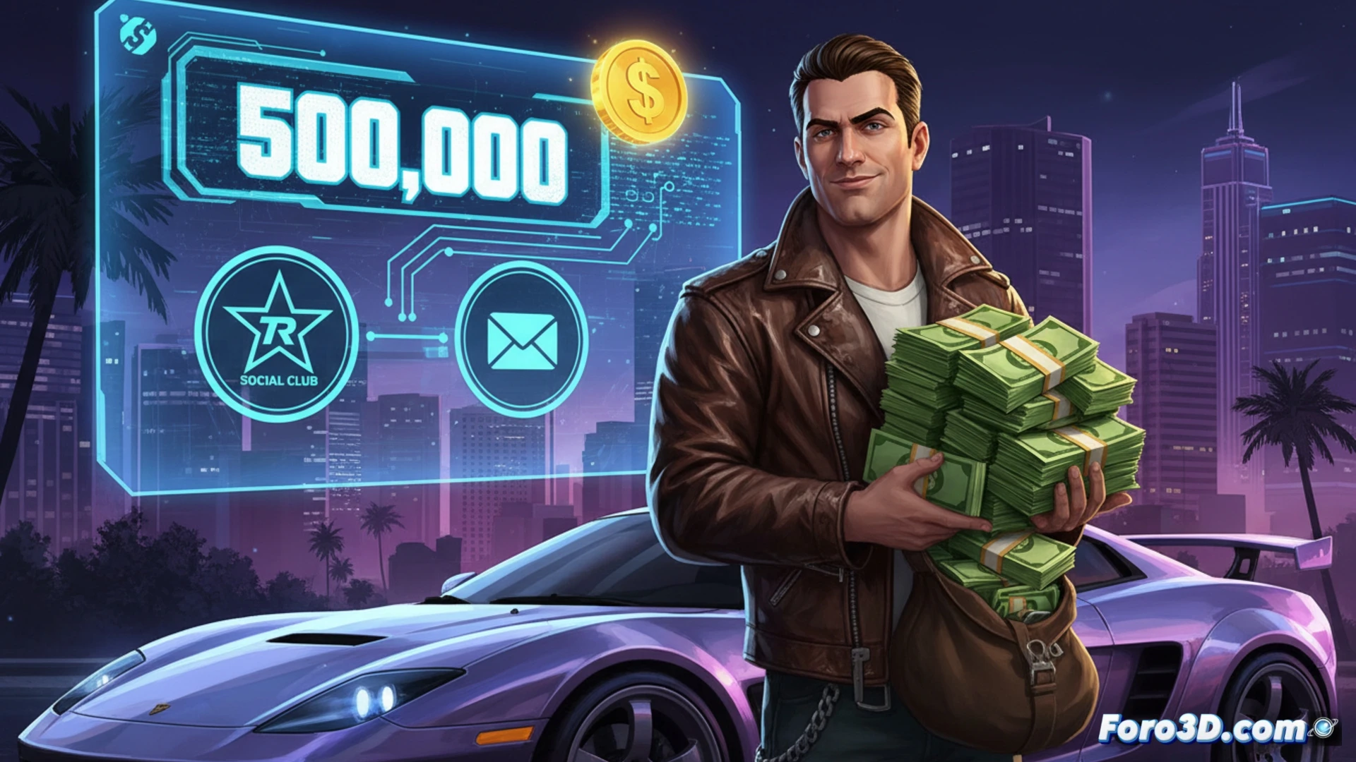 cinematic scene of a player character in GTA Online standing in front of a glowing Social Club login terminal inside a Los Santos nightclub, smartphone in hand displaying email verification screen, digital dollar bills materializing from the monitor into the character’s open palm, holographic interface showing account linkage progress bars, neon blue and orange lighting reflecting off the terminal’s metallic frame, photorealistic architectural render, high-contrast night atmosphere, motion blur on swirling currency particles, ultra-detailed electronic components and screen glitch effects
