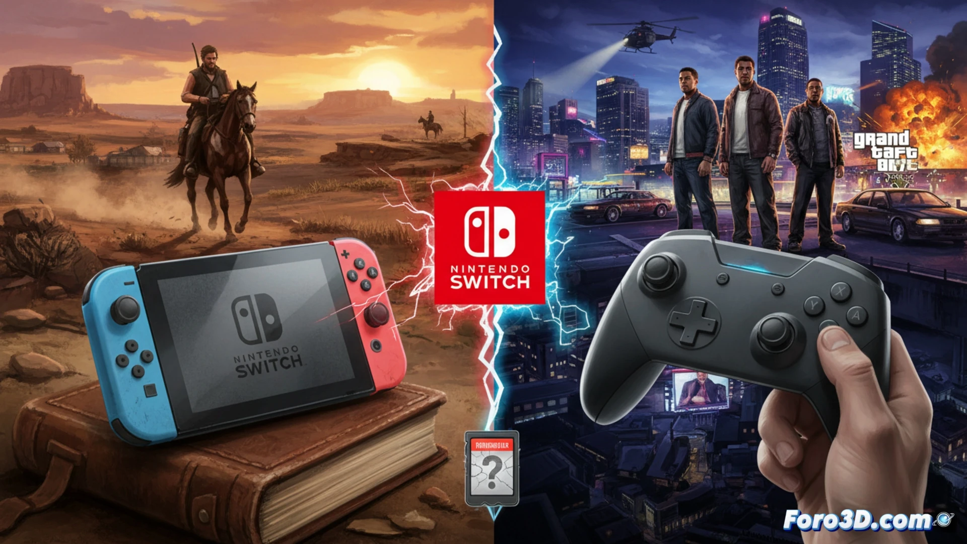 photorealistic gaming hardware scene, Nintendo Switch 2 console docked beside a glowing Rockstar Games logo, Arthur Morgan from Red Dead Redemption 2 aiming a revolver while a GTA V sports car drifts through a neon-lit city street behind him, both characters rendered in high detail, console screen showing a split-screen loading bar for RDR2 and GTA V, technical cables and cooling vents visible on the Switch 2 dock, dramatic blue and orange lighting, cinematic action pose, ultra-detailed plastic and metal textures, particles of dust and light trails during the car drift, engineering visualization of portable gaming performance