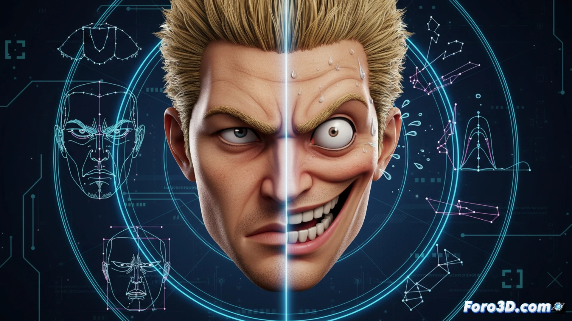 Primer plano de Onizuka con mueca exagerada, modelo 3D con blendshapes faciales y rigging para animación expresiva